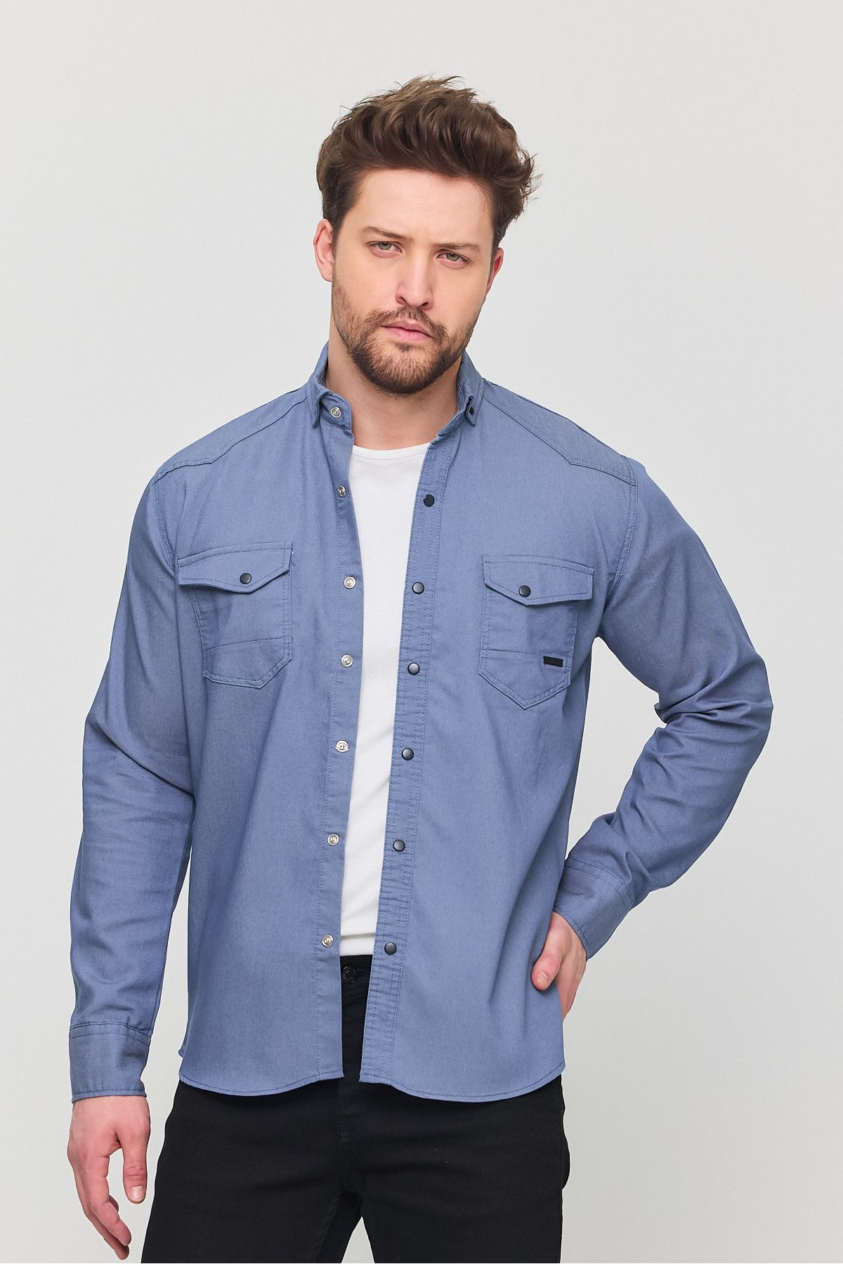 Ofzensport YXC - Erkek Mavi Slim Fit Dar Kalıp Pamuklu Kot Gömlek