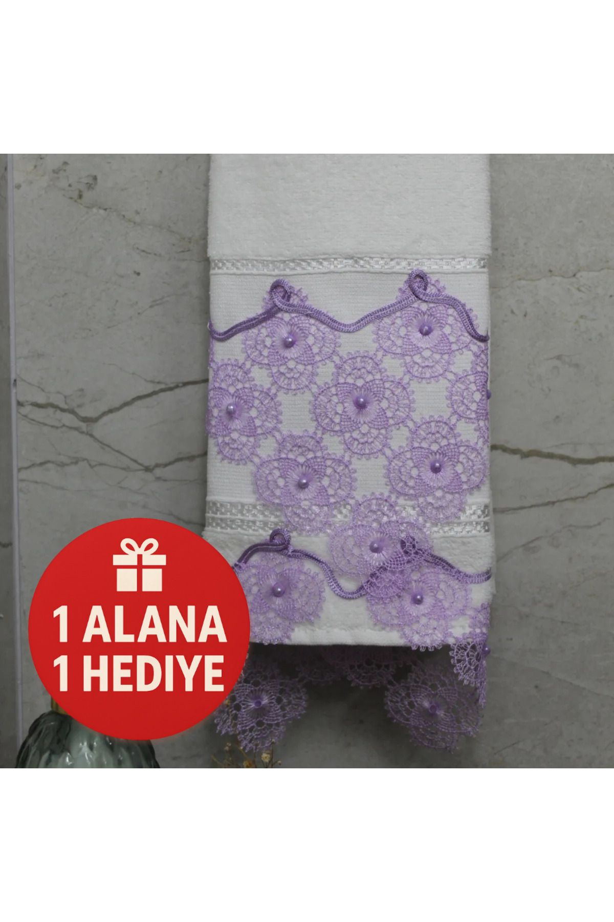Lobya Arima Bir Alana Bir Hediye Mor Dantelli El Havlusu (50 X 90)