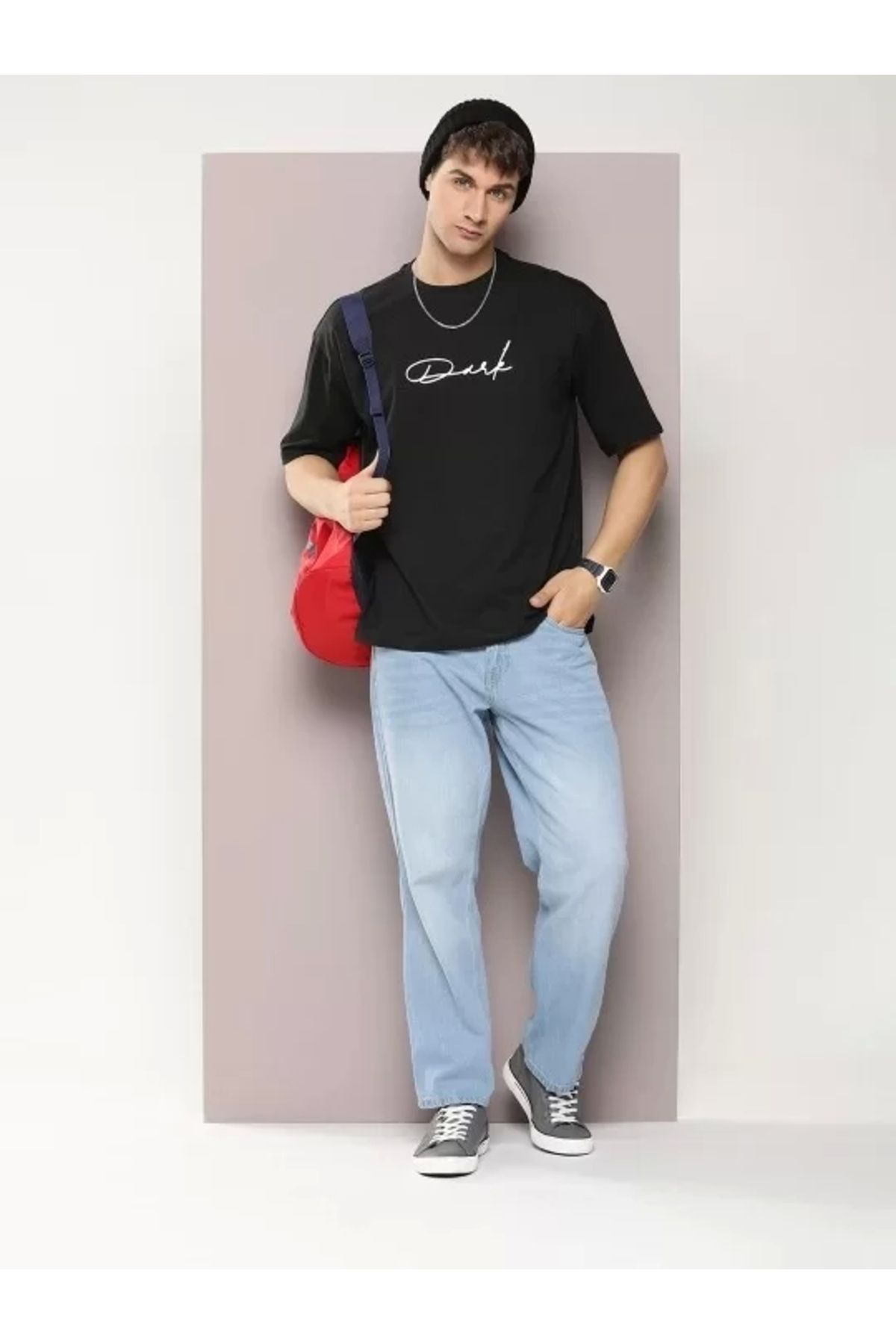 luz&pos Erkek Baskılı Oversize T-shirt - Siyah