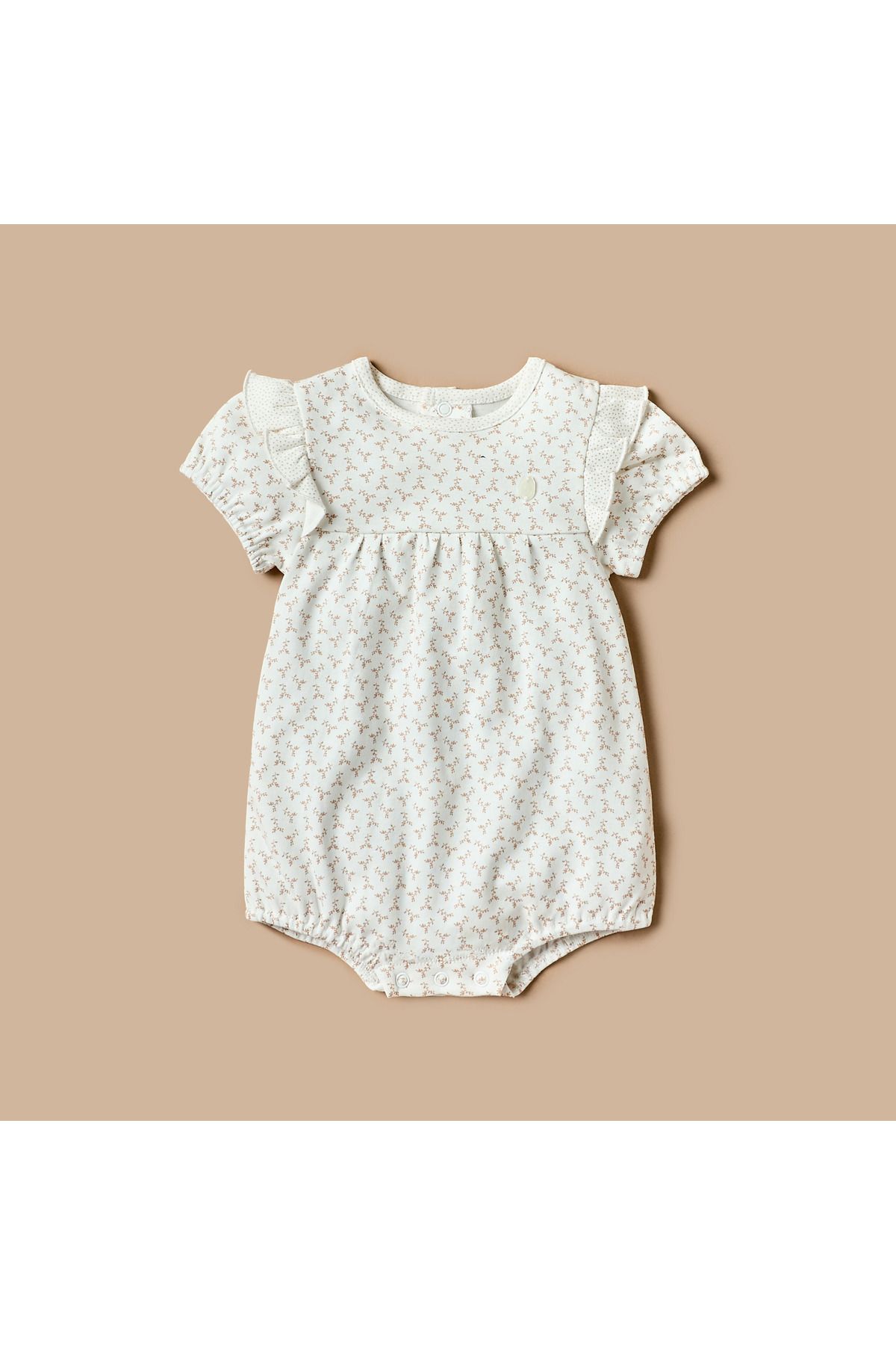 giggles-All-Over Floral Print Romper with Ruffle Detail and Snap Button Closure 1