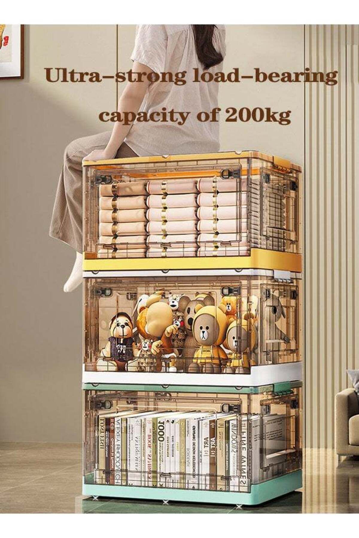COOYA-1 foldable transparent storage box, durable, stackable, with 4 removable wheels, yellow 2