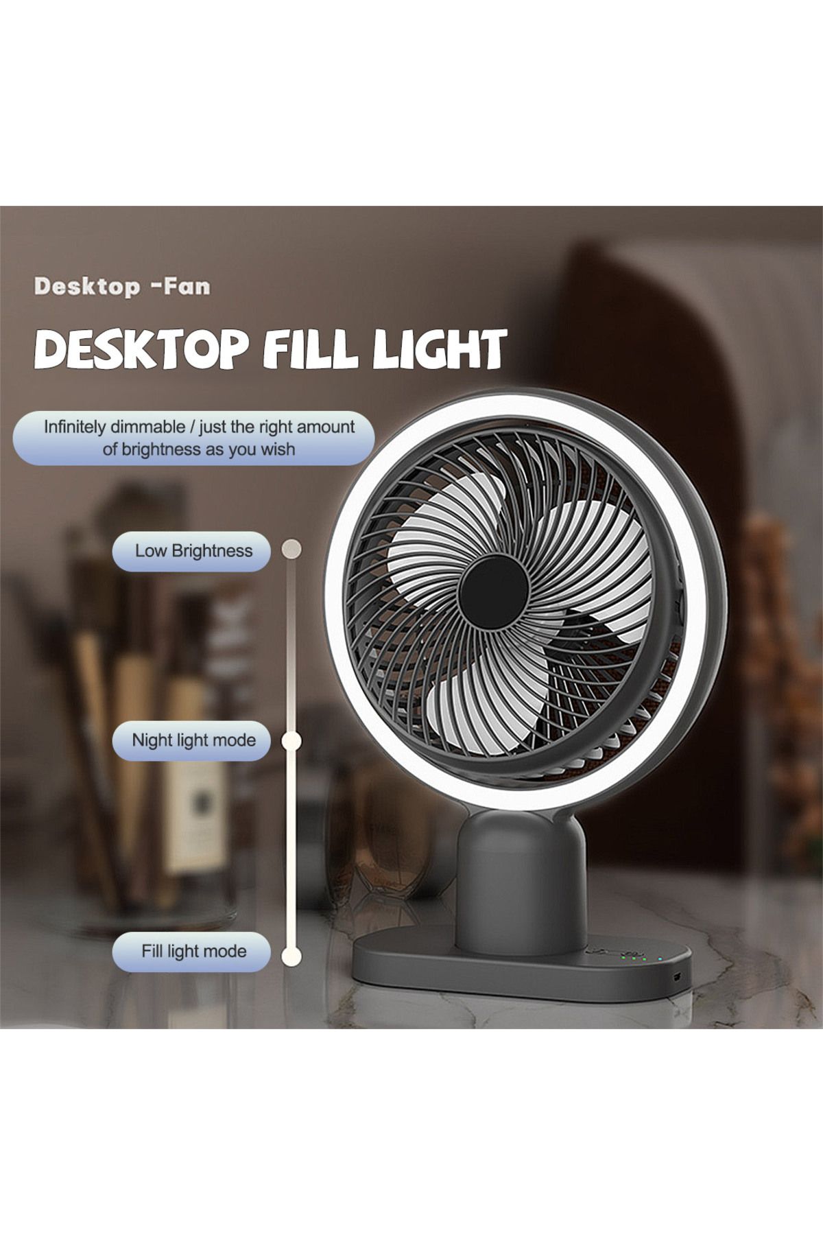 ET-LIFE-Multi-Functional Portable Rechargeable Fan With Dimmable Lighting Lamp, Table fan,Makeup lamp 2