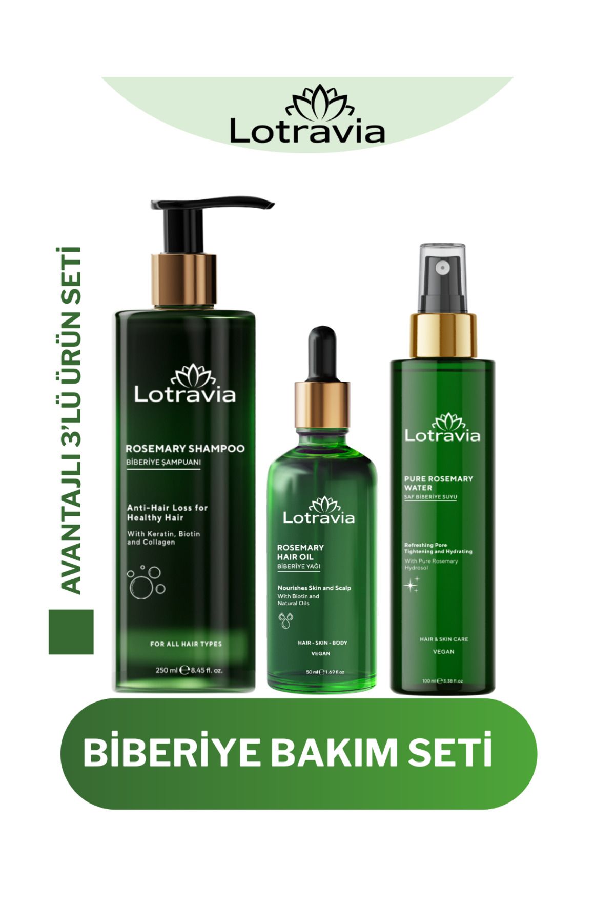 Lotravia 3’lü Biberiye Bakım Seti – Biberiye Yağı + Biotinli Biberiye Şampuan + Biberiye Tonik –