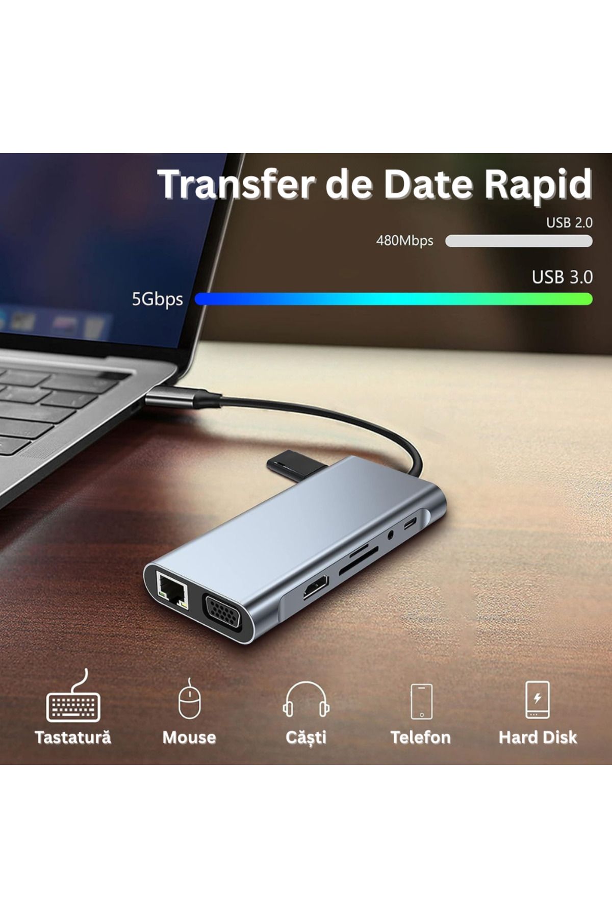 Velixo-11-in-1 USB-C Hub, 2xHDMI 4K, USB-A 3.1, USB-C, RJ45, SD/TF, 87W PD, Dock for Laptop/MacBook, Grey 7