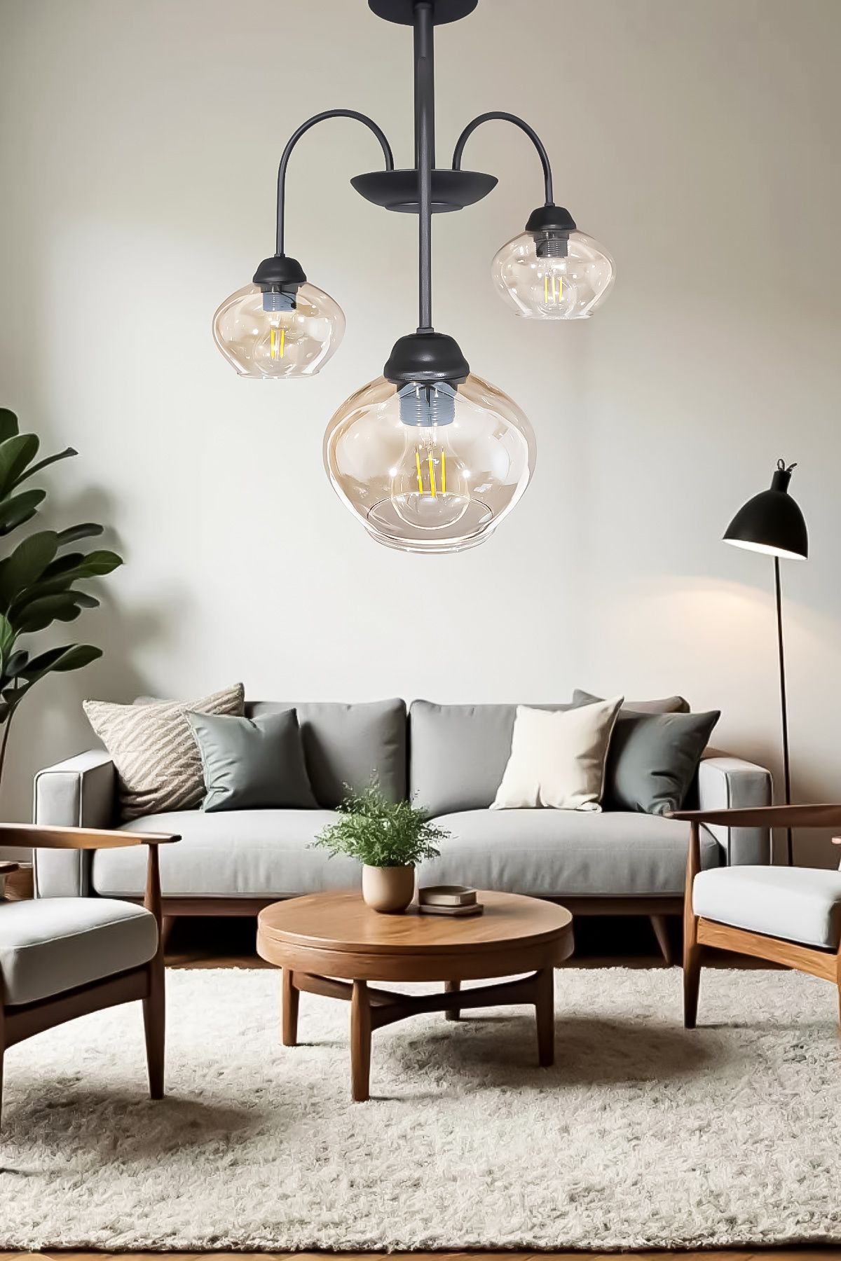 Turanconcept Dora 3 Lü Avize Dekoratif Tasarım Modern Kollu Camlı Avize Oturma Odası Yemek Odası Salon