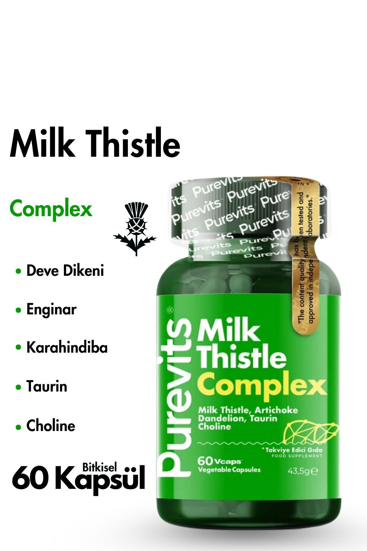 Purevits-60 Vegan Capsules - Milk Thistle Complex Camel Thistle Artichoke Extract Dandelion Taurine Colin 4
