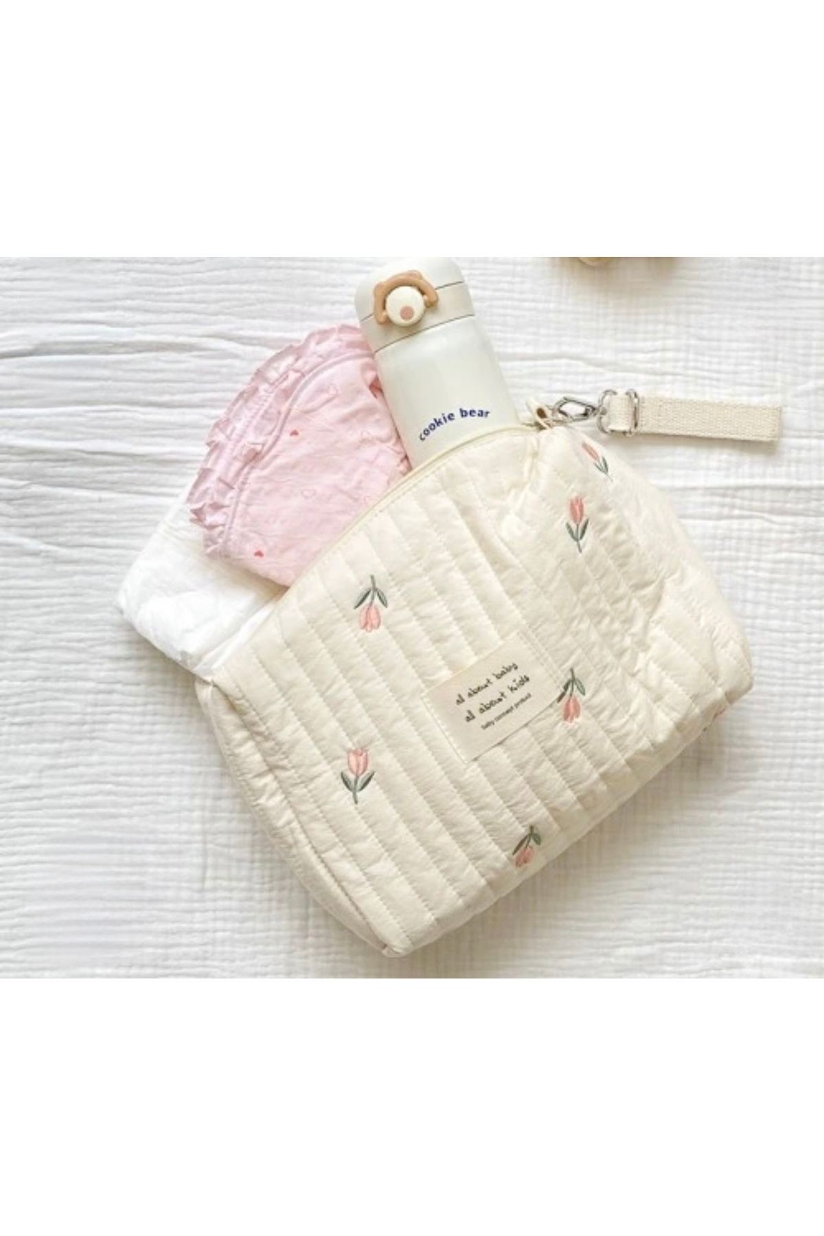 babylintr Müslin Çiçek Desenli Organizer Pouch - Anne Bebek Bakım Çantasına Uygun