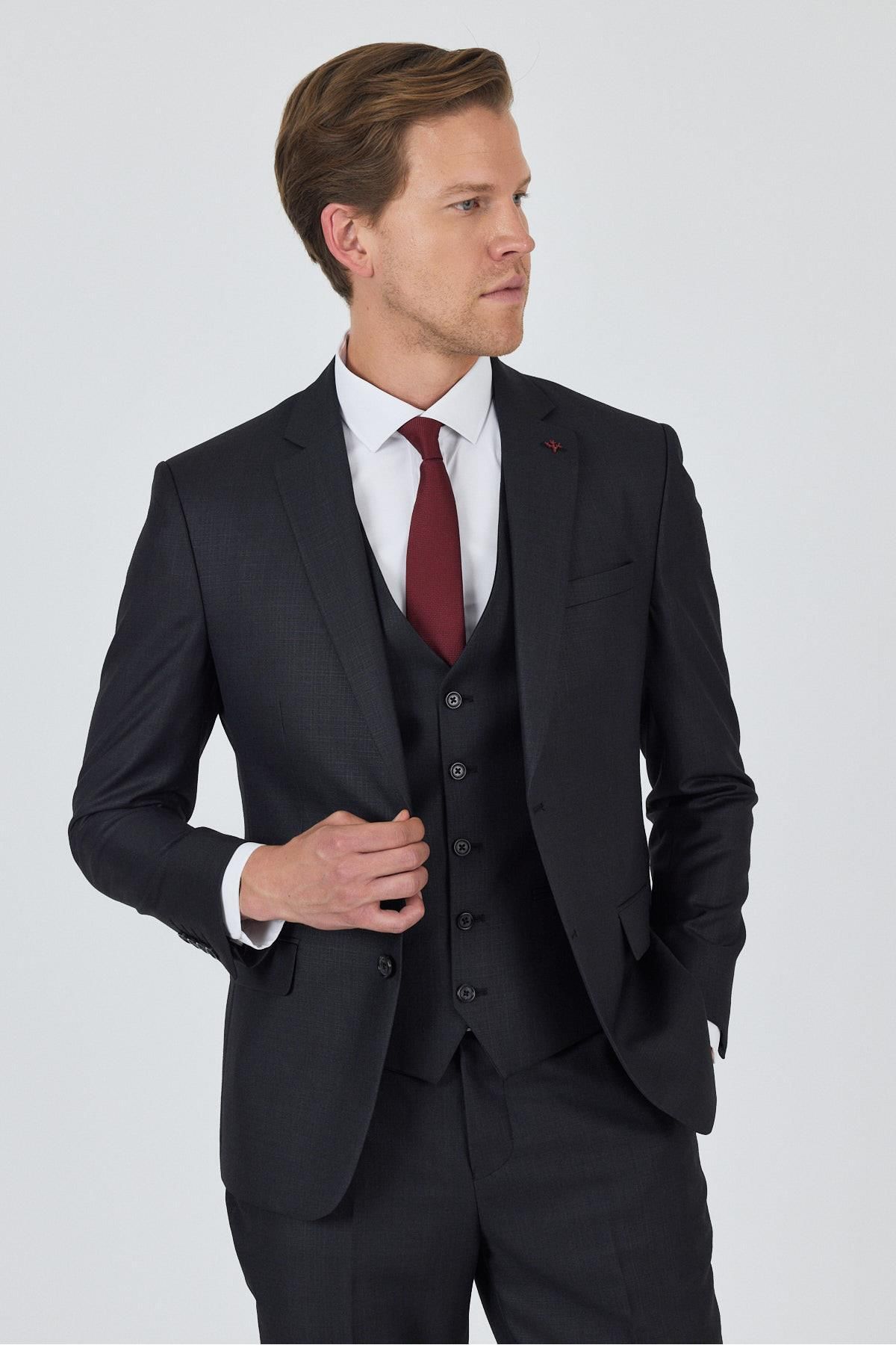 İmza Düz Filafil Mono Yaka Tam Astar Yelekli 6 Drop Slim Fit Takım Elbise 1001250171