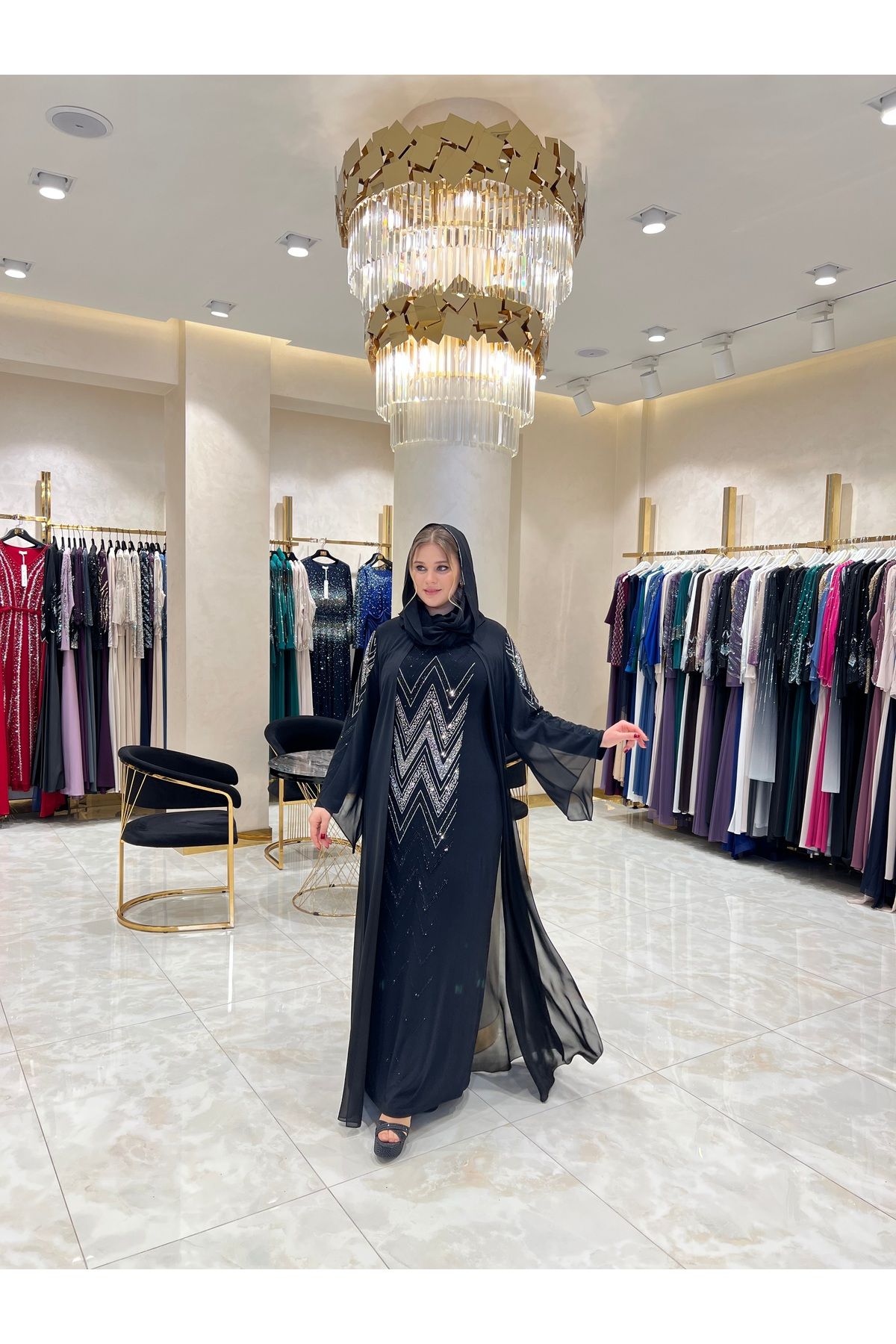 Balerina Likralı İç Elbise Üzerine Taş İşlemeli Büyük Beden Abiye Kaftan