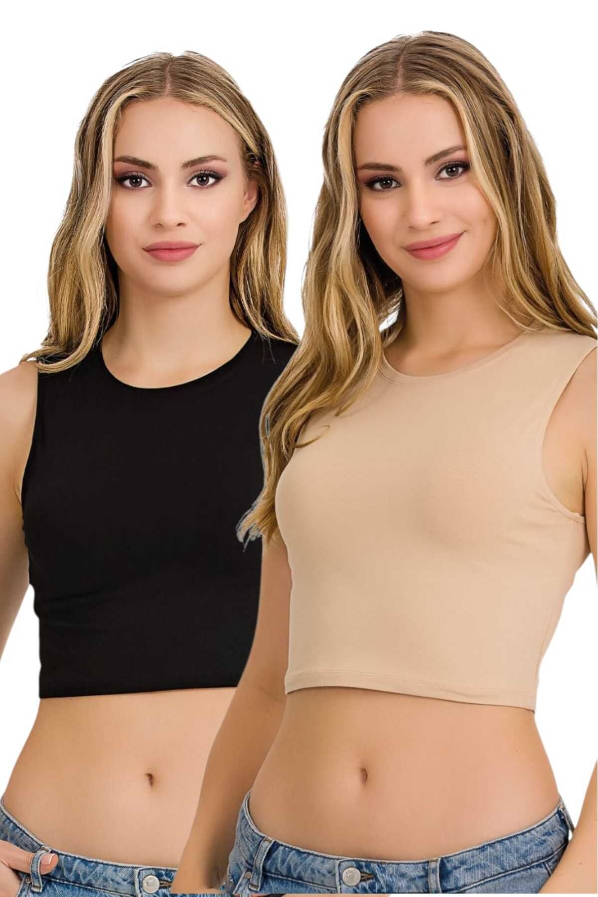 Fanilam İlke Kadın Elestan Kolsuz Crop -Pamuklu Şık Ve Rahat Yarım Atlet Body 2 adet