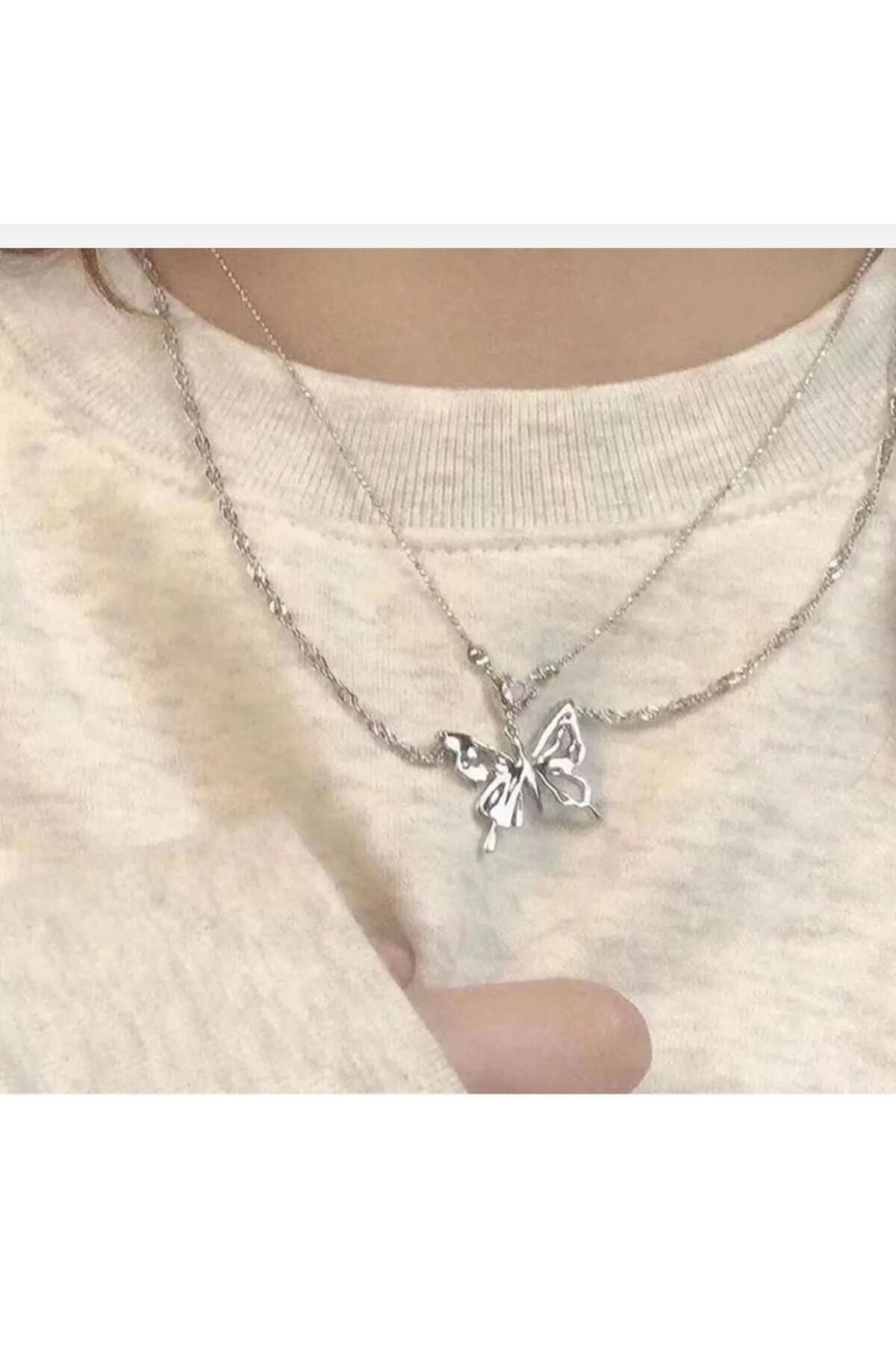 Yıldız Accessory Çİft Zincir Kelebek Kolye Zirkon Taşlı Tasarım