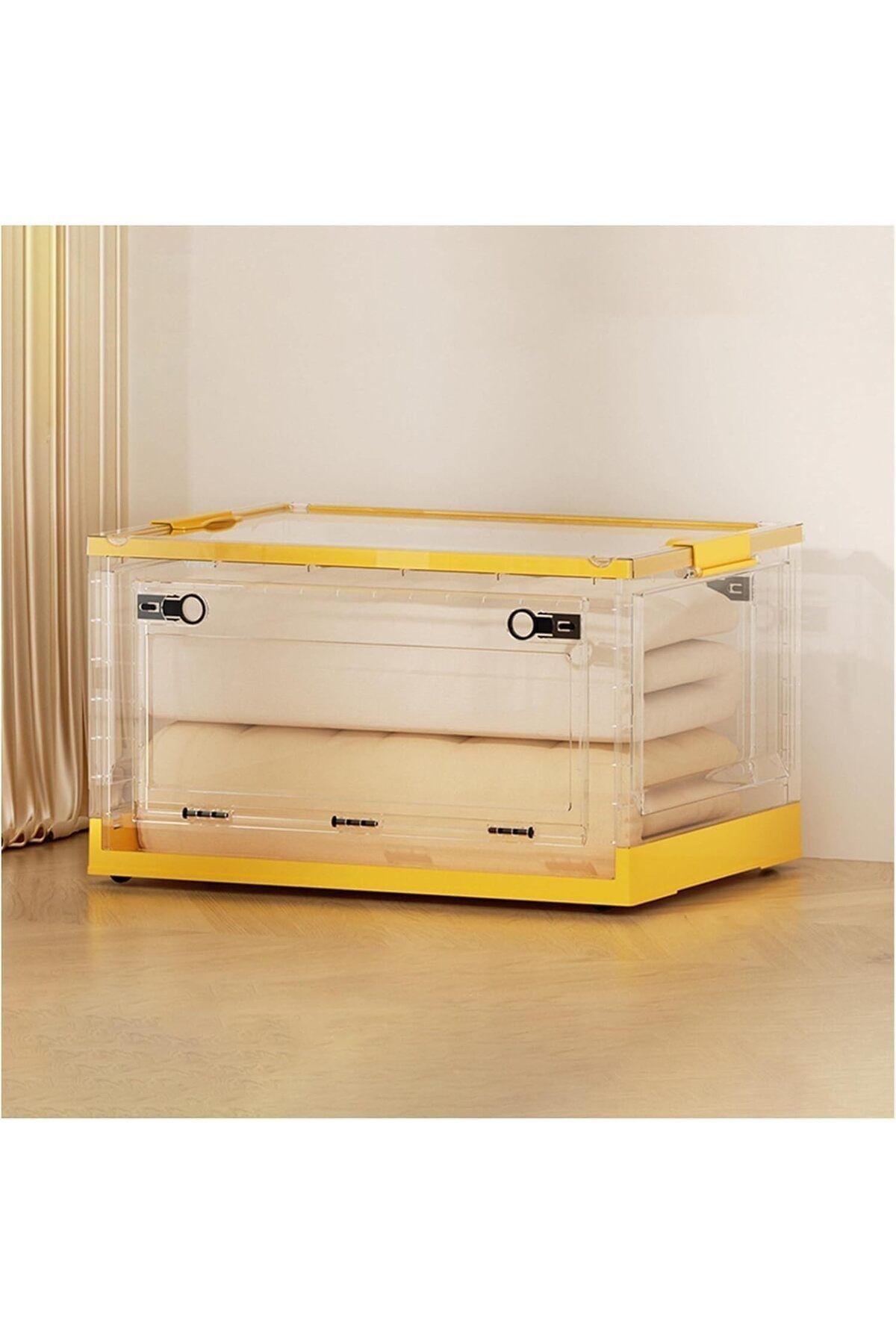COOYA-1 foldable transparent storage box, durable, stackable, with 4 removable wheels, yellow 1