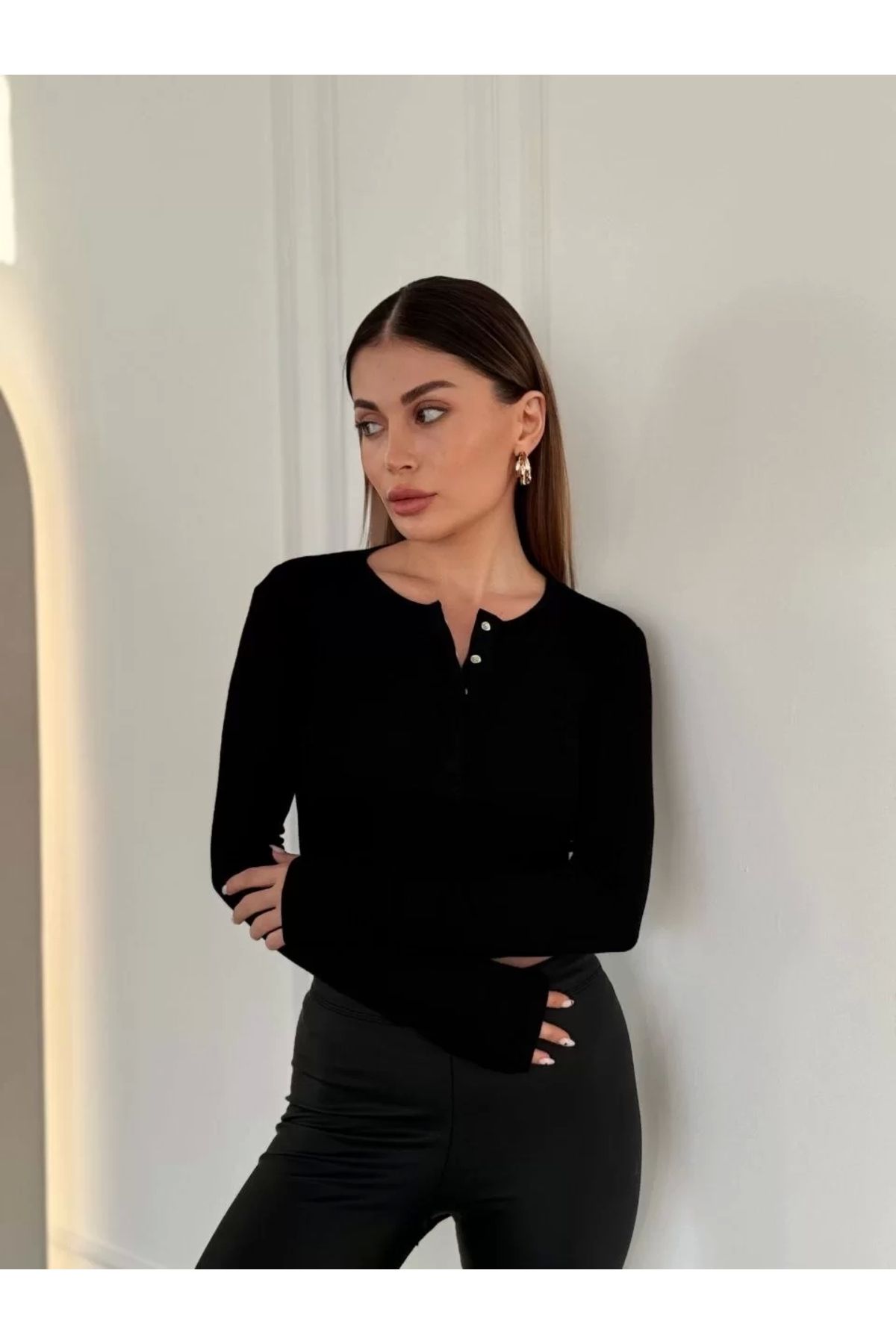 luz&pos Cıt Cıt Detaylı Uzun Kollu Crop - Siyah