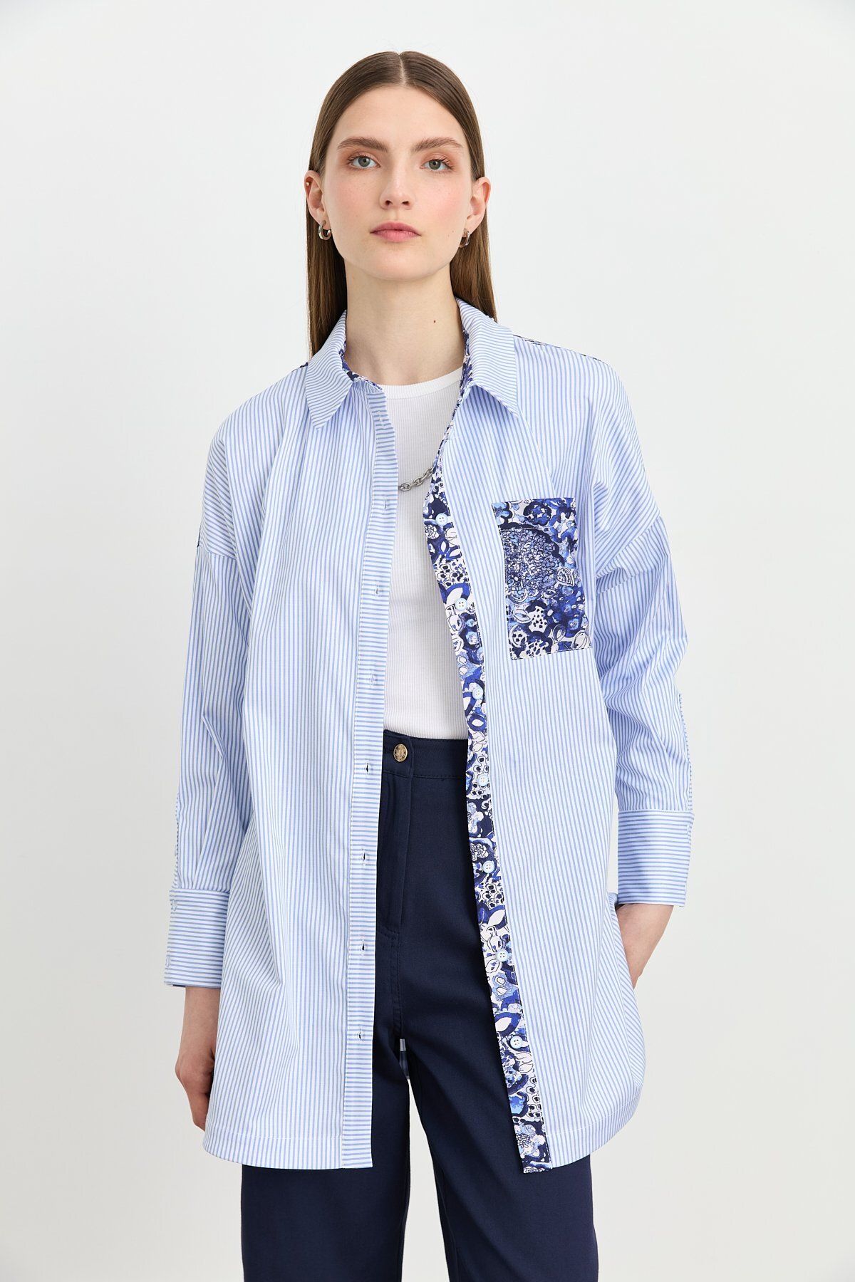 Nihan Kumaş Mixli Çizgili Poplin Tunik Mavi