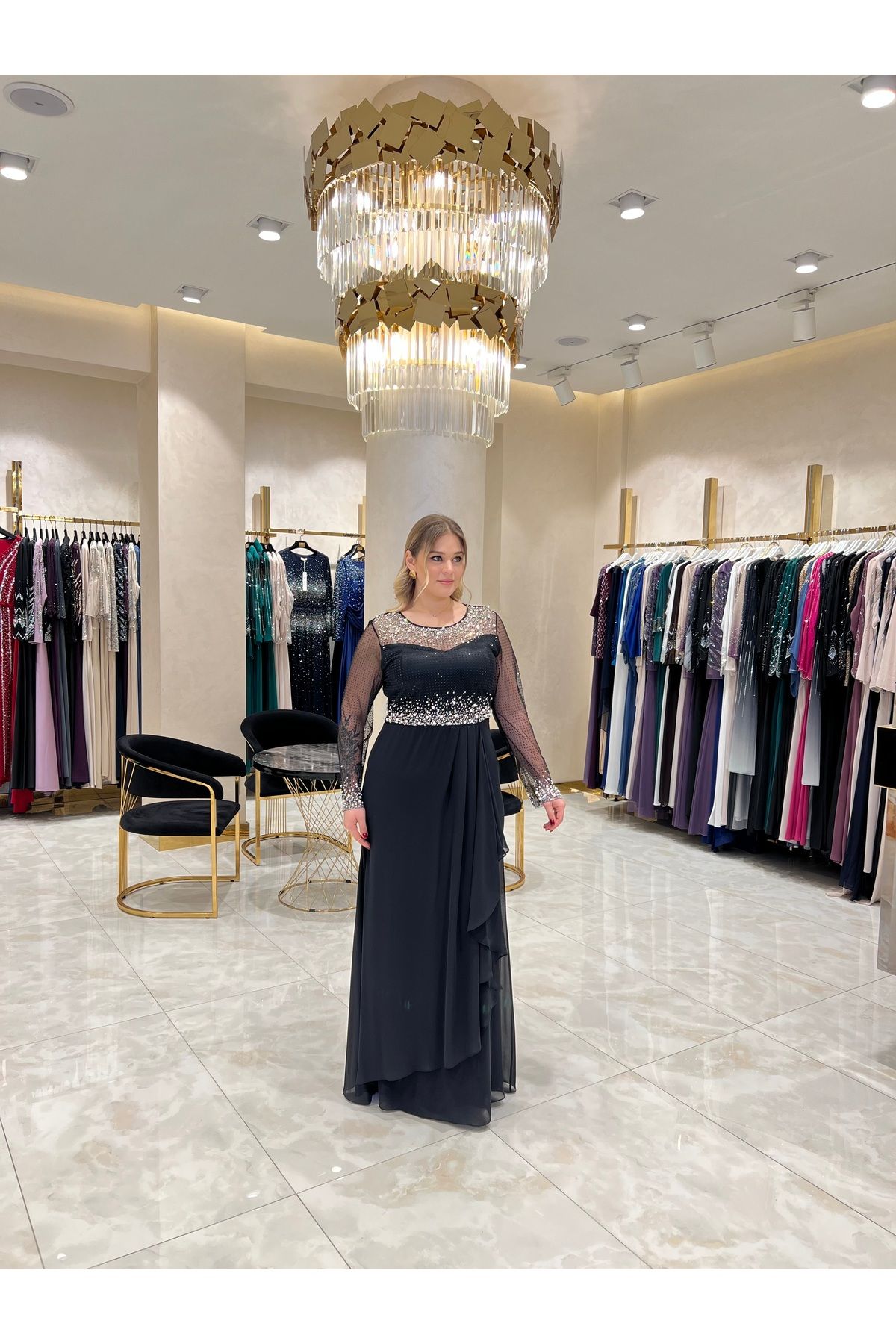 Balerina Taş Ve İnci İşlemeli Büyük Beden Şifon Abiye Elbise