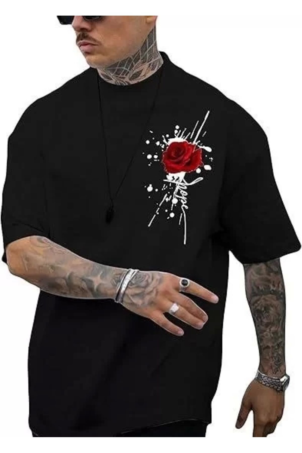 luz&pos Erkek Bisiklet Yaka Kısa Kol Baskılı T-shirt - Siyah