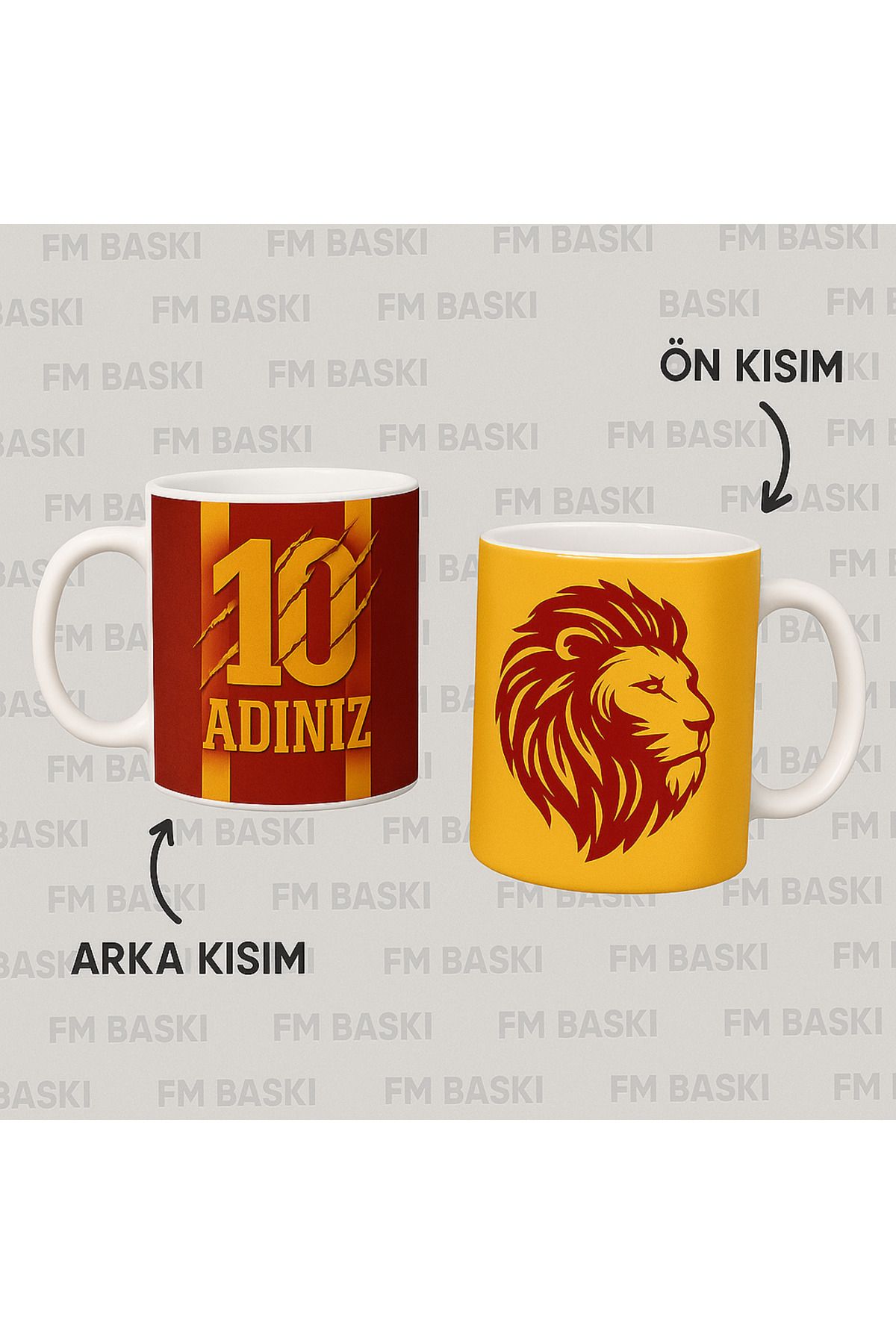 FM BASKI Sarı kırmızı temalı kupa bardağa isim yazdırma kişiye özel kupa bardak
