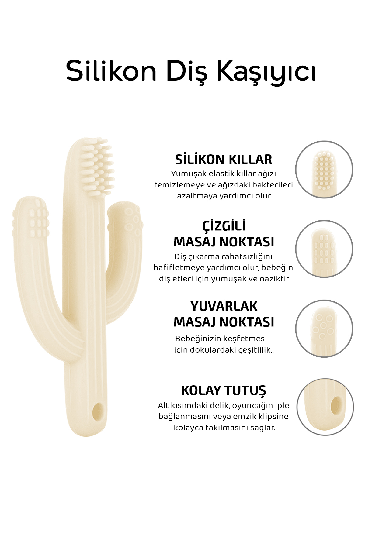 Meleni Baby 3'lü Silikon Diş Kaşıyıcı Set - Kaktüs Zürafa Figürlü Diş Kaşıyıcı Bebek Diş Kaşıma Emziği Bej fotoğrafı 3 (önizleme)
