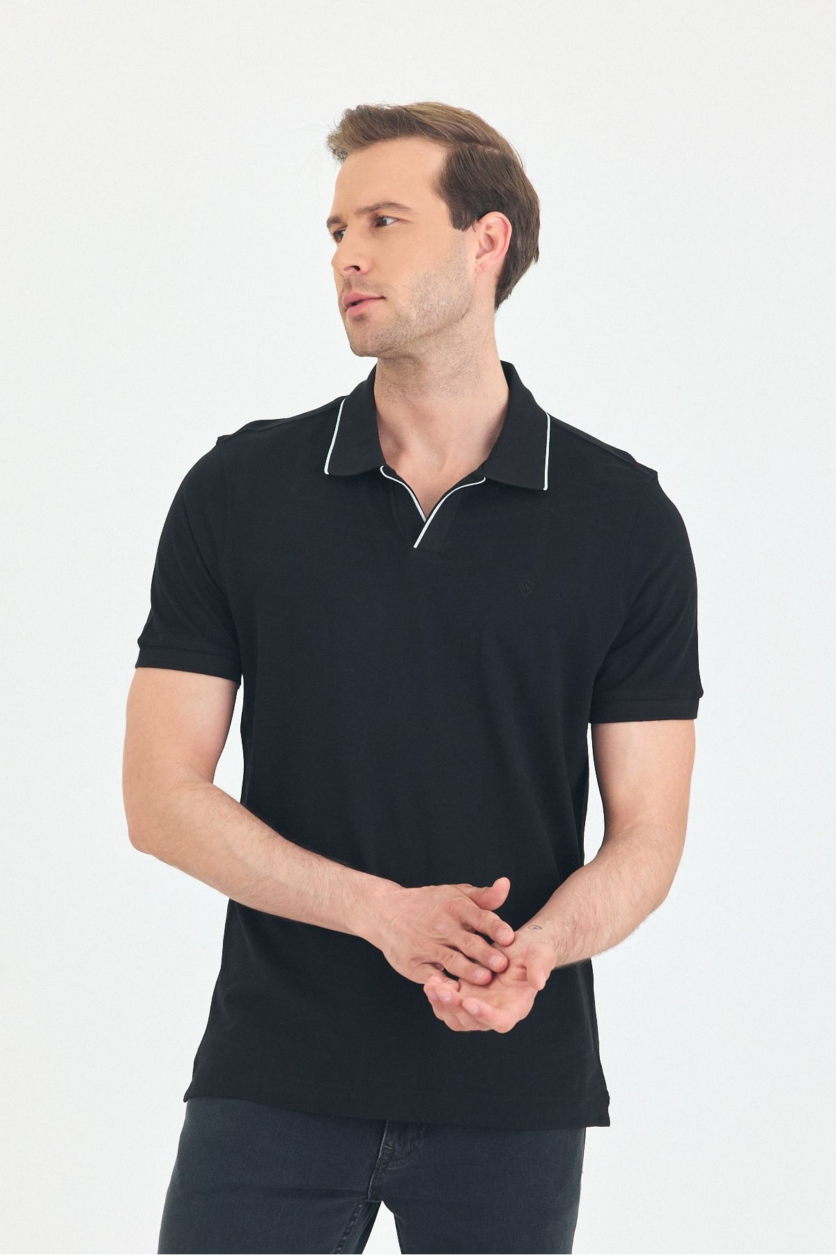ENQUE Erkek Basic Düğmesiz Kıvrılmaz Polo Yaka Pamuklu Slim Fit Tişört