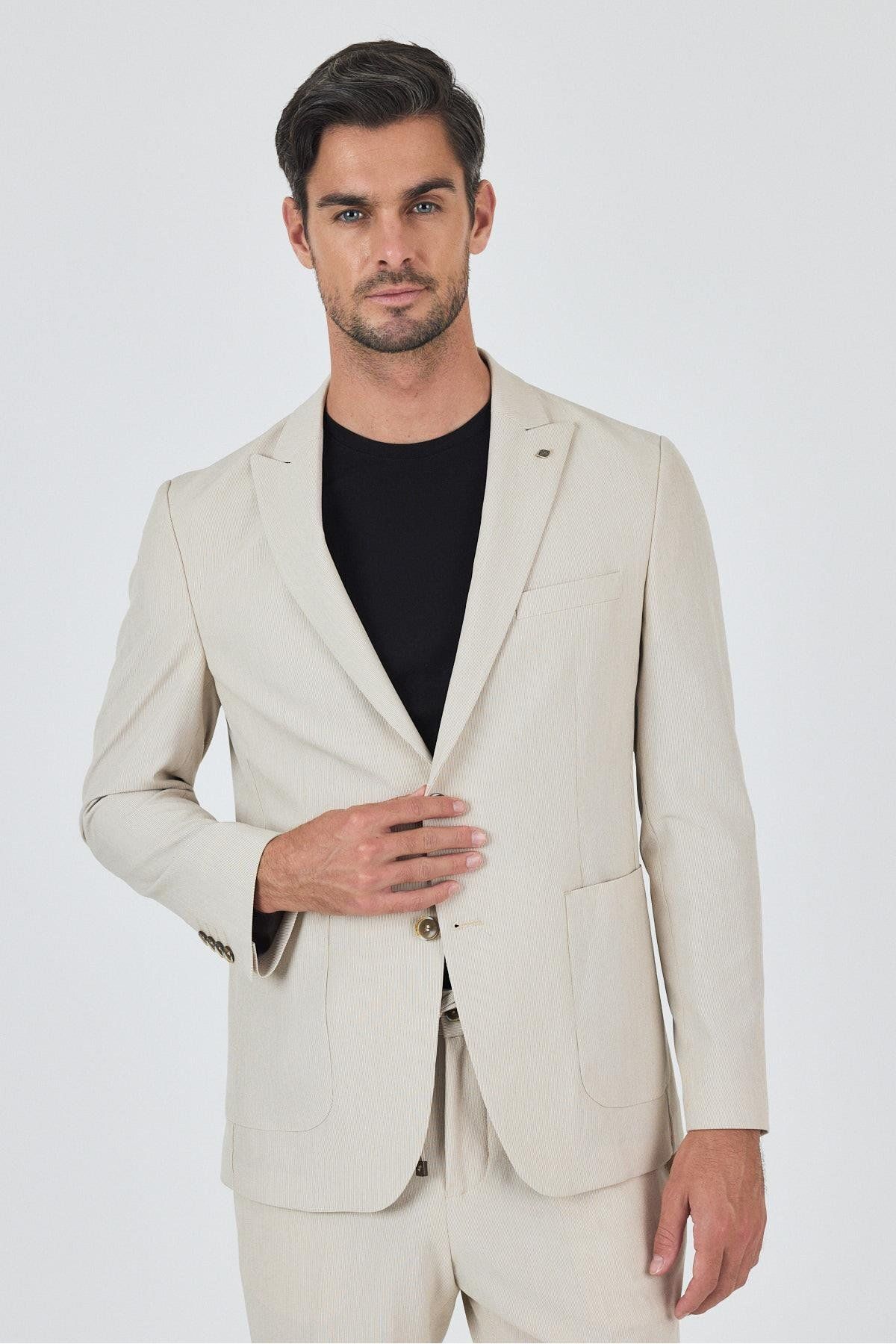 İmza Bej Kılıç Yaka Esnek 6 Drop Slim Fit Classic Takım Elbise 1001250100