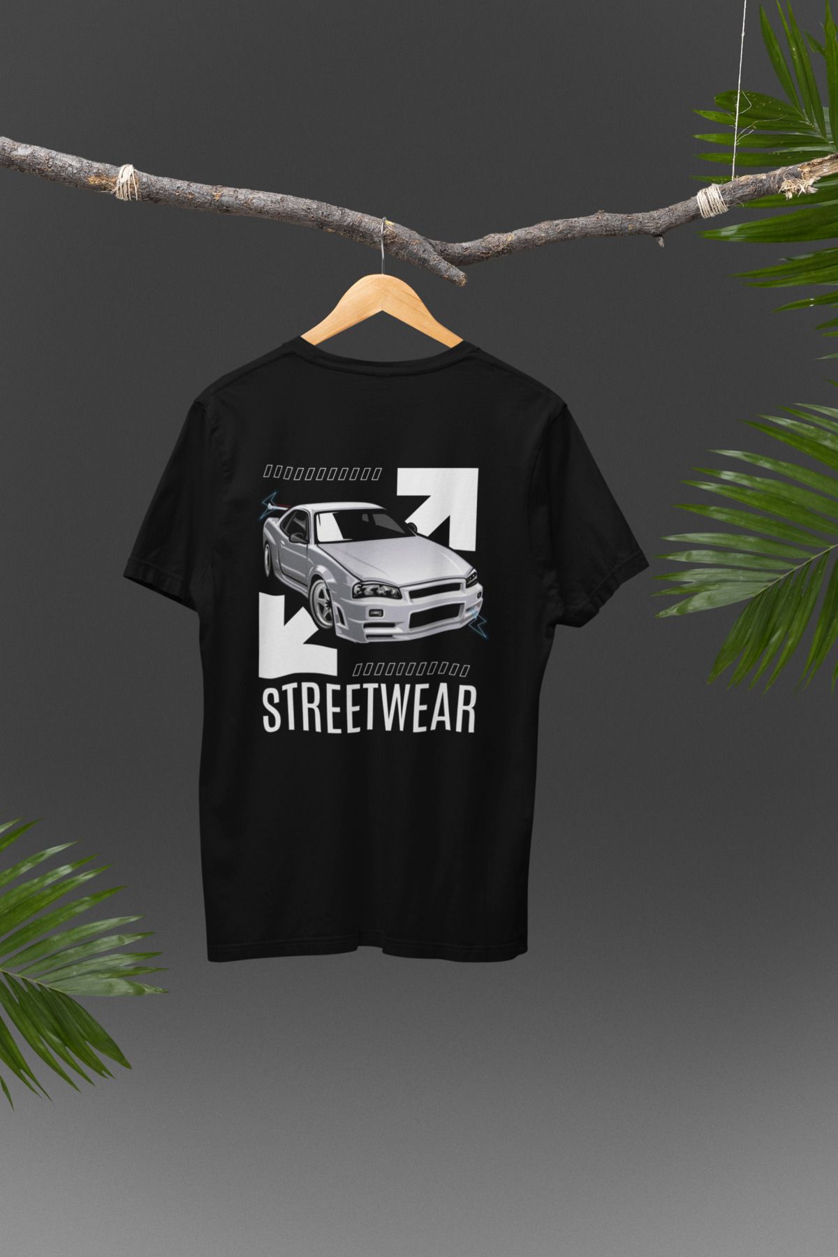 Lyonis Unisex Siyah StreetWear Araba Baskılı Bisiklet Yaka Penye T-Shirt