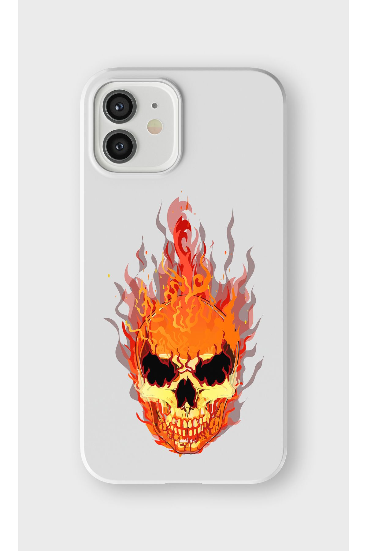lelia iPhone 12 Uyumlu Alevli Kuru Kafa Tasarımlı İçi Kadife Lansman Beyaz Silikon Kılıf