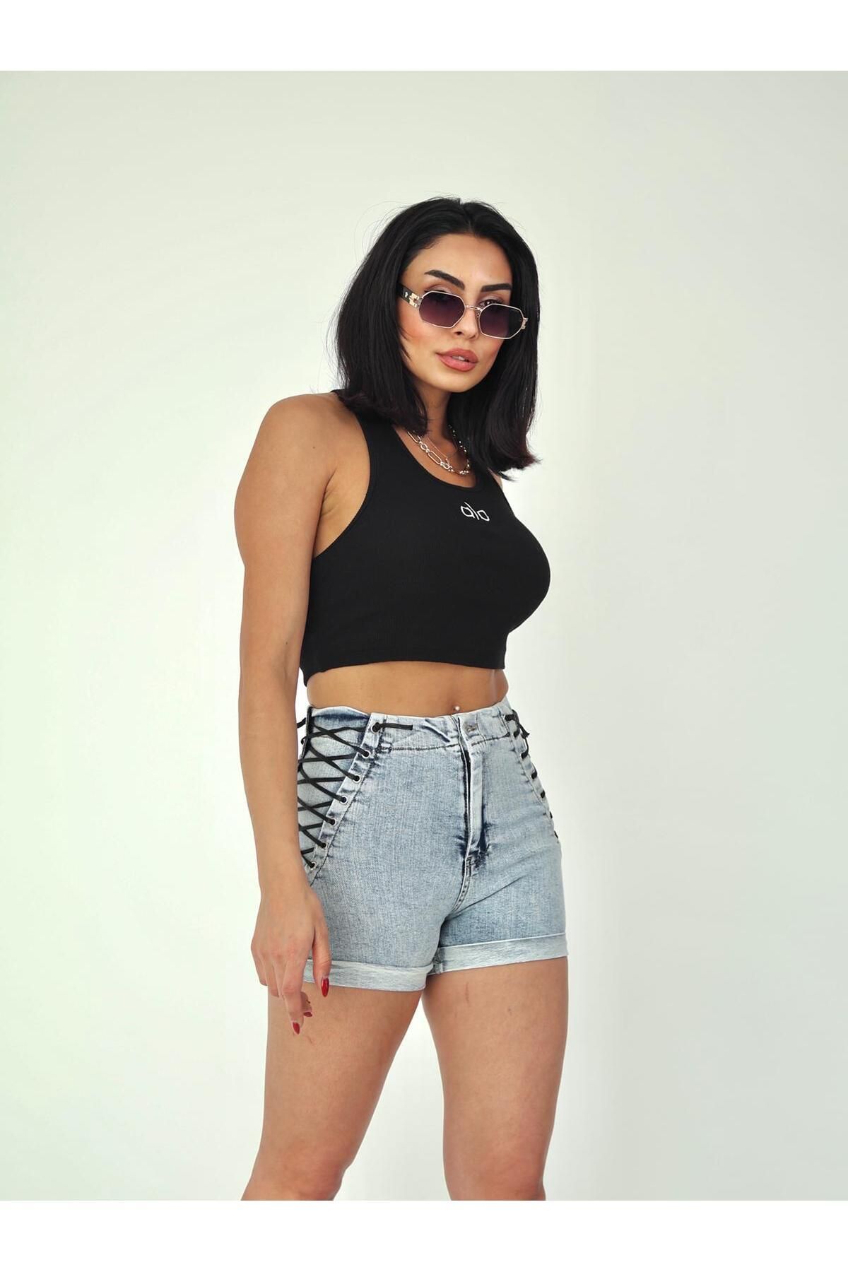 Zeo Basic DOUBLE PAÇA KUŞ GÖZÜ VE BAĞCIK DETAYLI MİNİ ŞORT