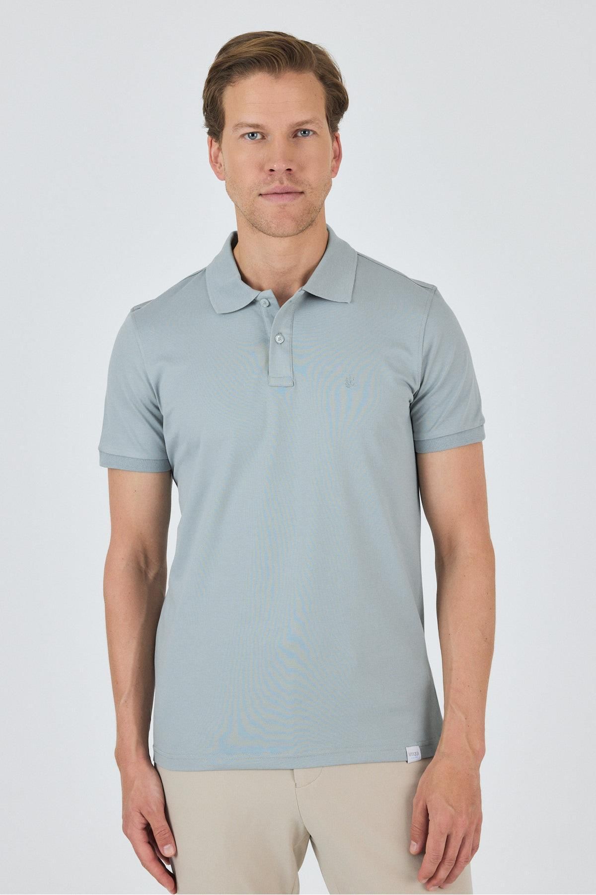 İmza Buz Mavi Kısa Kol Düz Pike Polo Yaka Cepsiz Pamuk Casual Slim Fit Tişört 1011250157_350