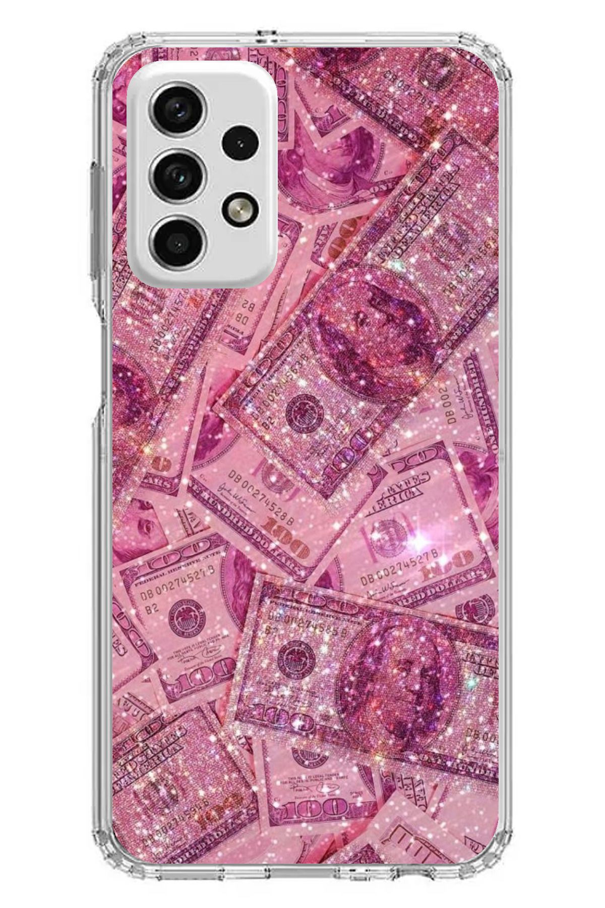 TechTree Samsung Galaxy A73 Uyumlu Pembe Işıltılı Dolarlar Şeffaf Silikon Kılıf