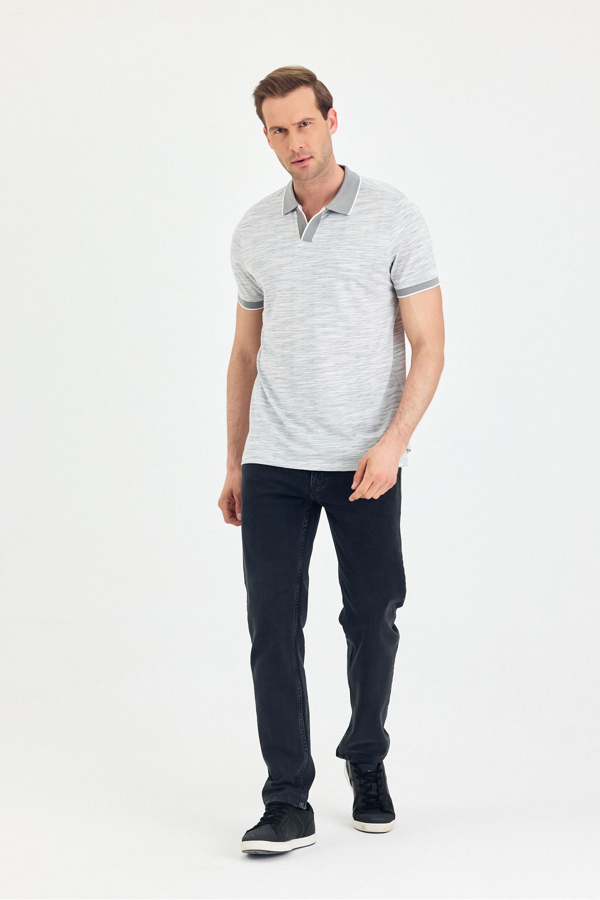ENQUE Erkek Basic Düğmesiz Kıvrılmaz Polo Yaka Pamuklu Desenli Slim Fit Tişört
