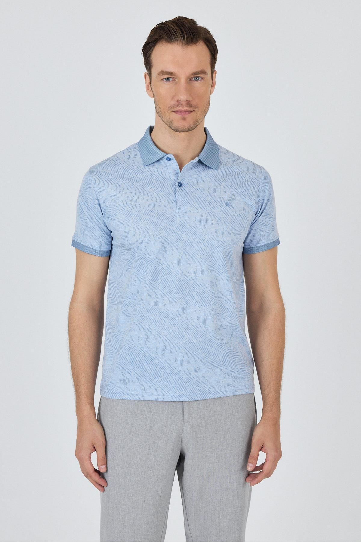 İmza Koyu Mavi Kısa Kol Baskılı Pike Polo Yaka Cepsiz esnek Casual Slim Fit Tişört 1011250152