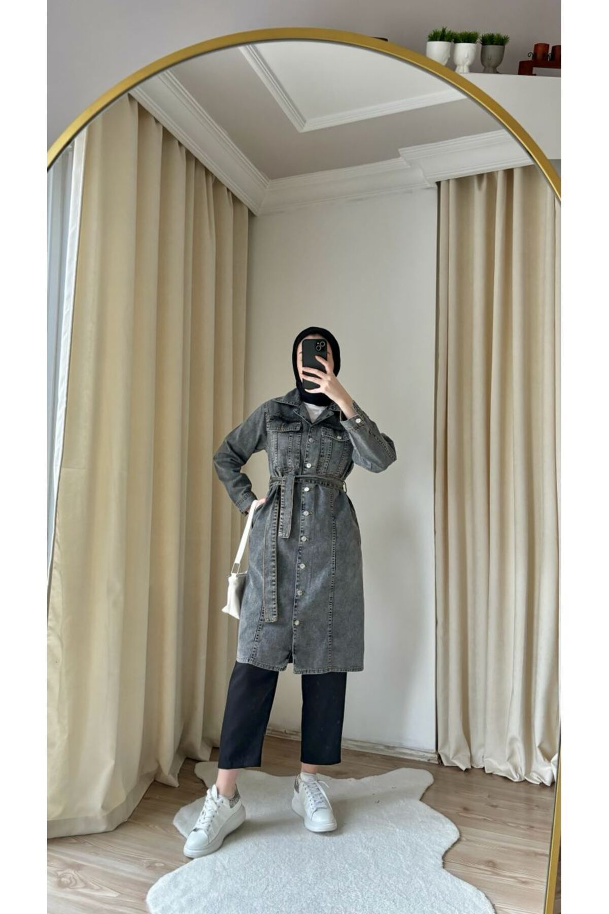 Suede Style 8789 - Kemerli Rahat Şık Kadın Kot Uzun Ceket