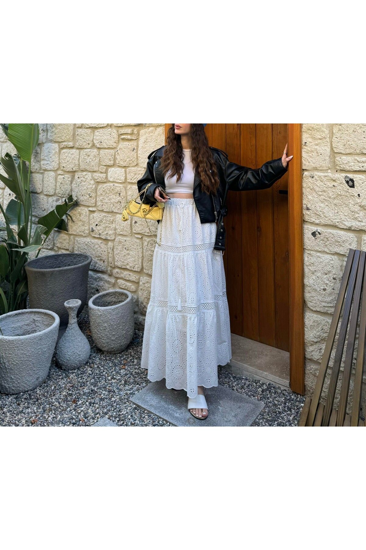 Lavanta Tekstil Fisto Kumaş Maxi Uzun Astarlı Etek - Beyaz