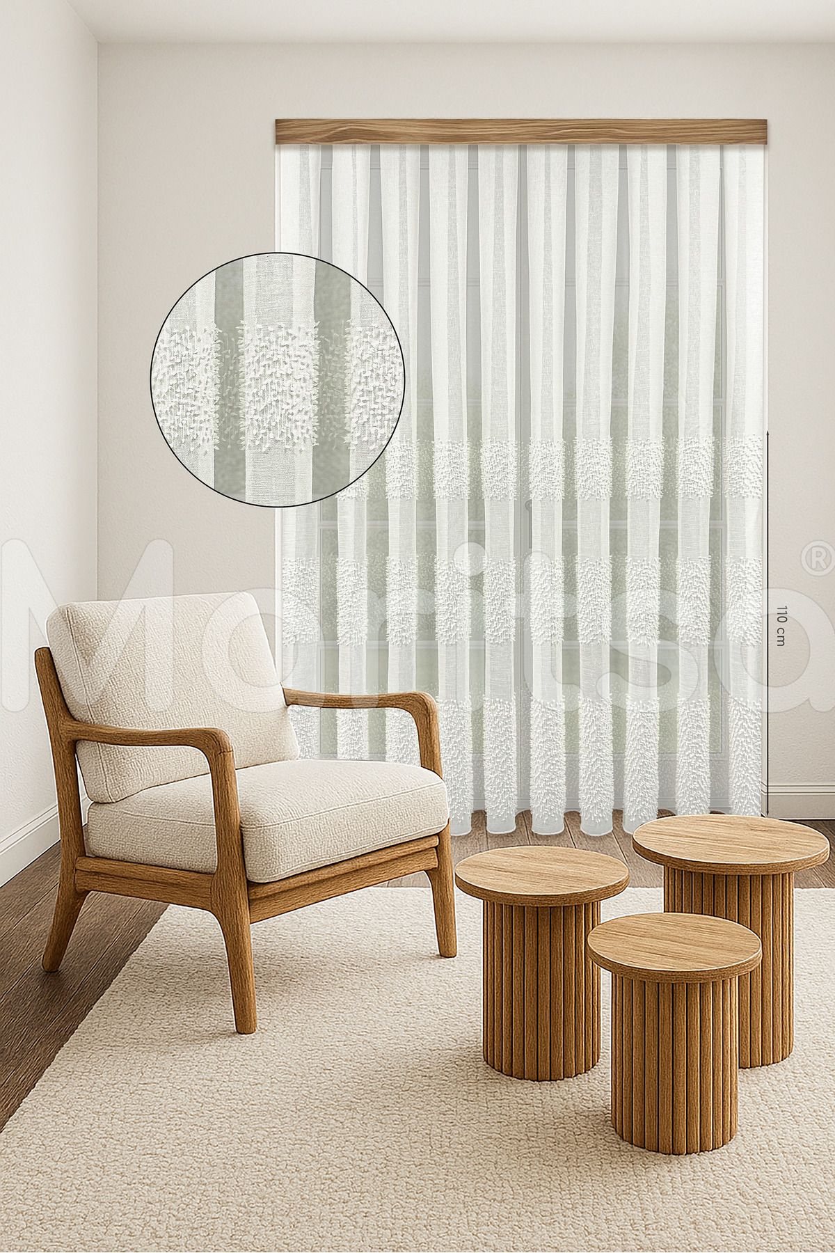 MARİTSA Tül Perde - İskandinav Serisi Bohem Klara Desen Keten Zemine Pamuk İşleme Ekru Sık Pile(1x3) Curtain