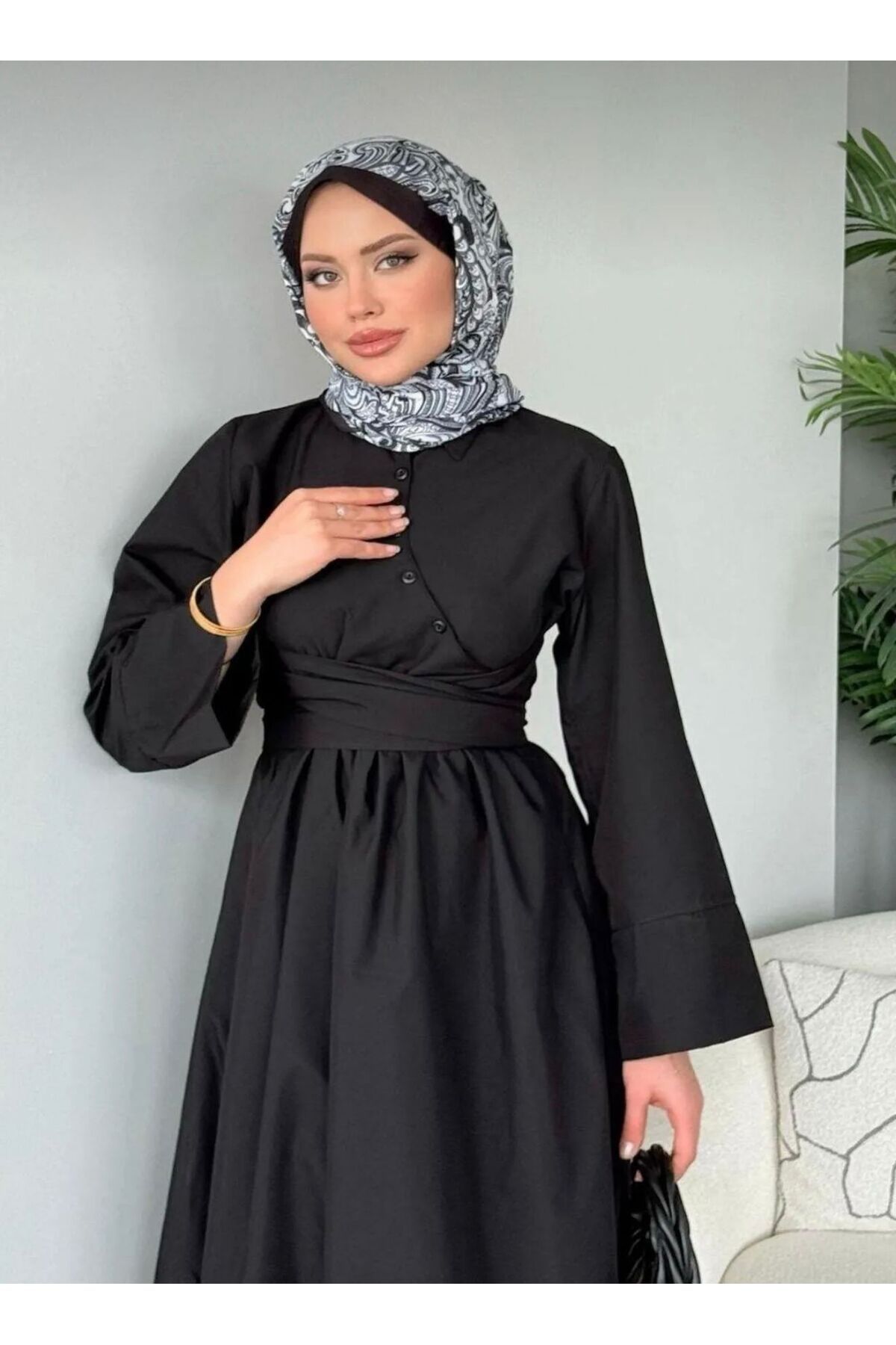 Bahar Altundemir Kadın Gömlek Yaka Bağlamalı Poplin Kumaş Tesettür Elbise Uzun Gömlek Elbise