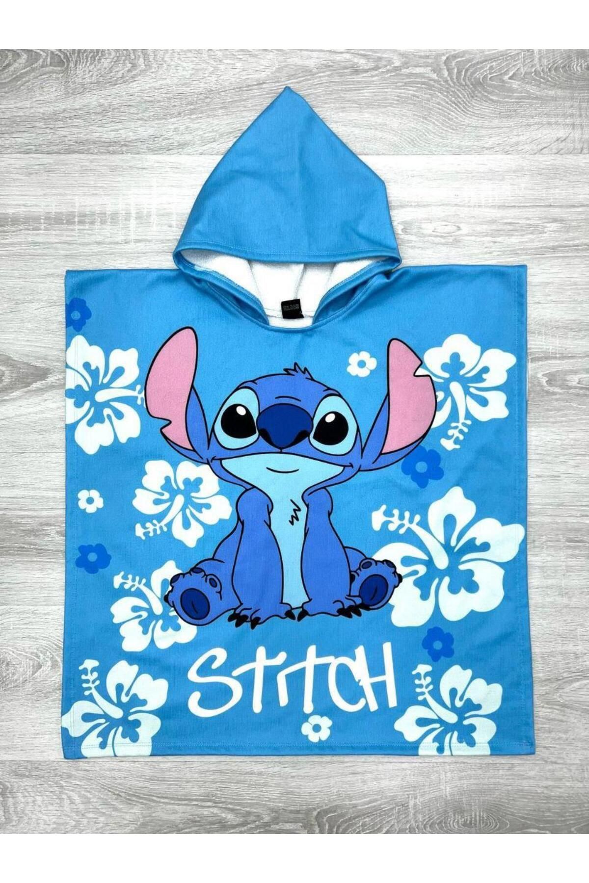 Magu Unisex Çocuk Pamuklu Mavi Stitch Desenli Kapüşonlu Panço - Tropikal Çiçekli