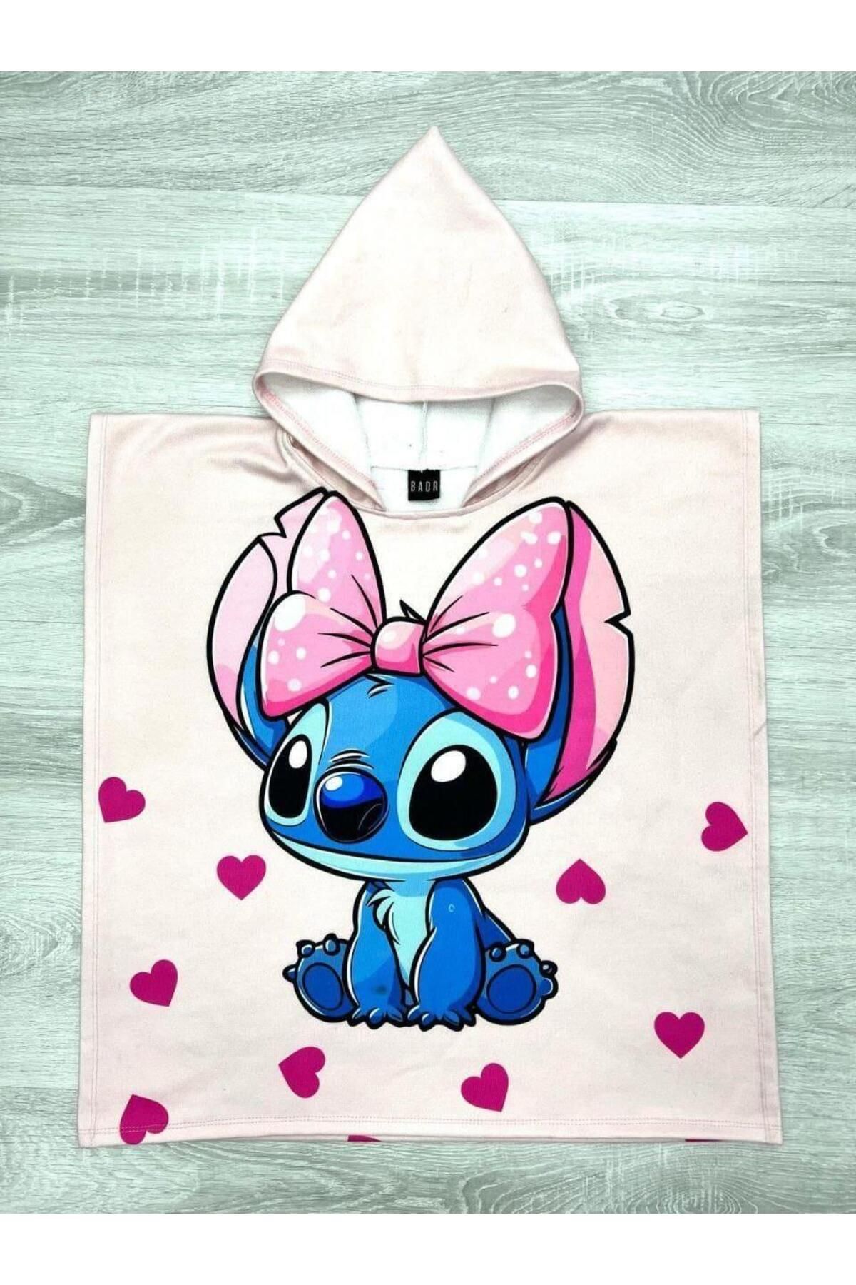 Magu Kız Çocuk Pamuklu Pudra Stitch Desenli Kapüşonlu Panço - Fiyonklu Kalpli Tasarım