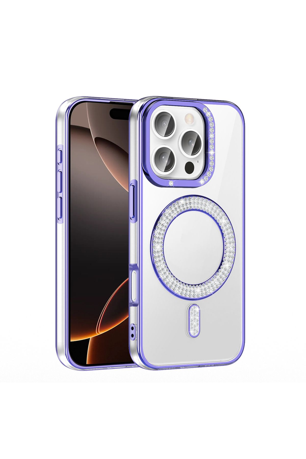 Strap U Apple iPhone 16 Pro Kılıf Pırlanta Taş Tasarımlı M-safe Şarj Özellikli Karetta Silikon Kapak
