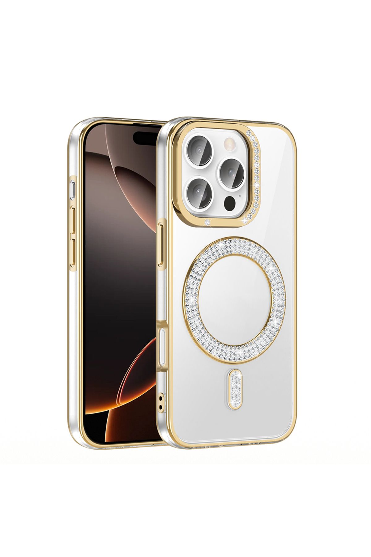Strap U Apple iPhone 16 Pro Kılıf Pırlanta Taş Tasarımlı M-safe Şarj Özellikli Karetta Silikon Kapak