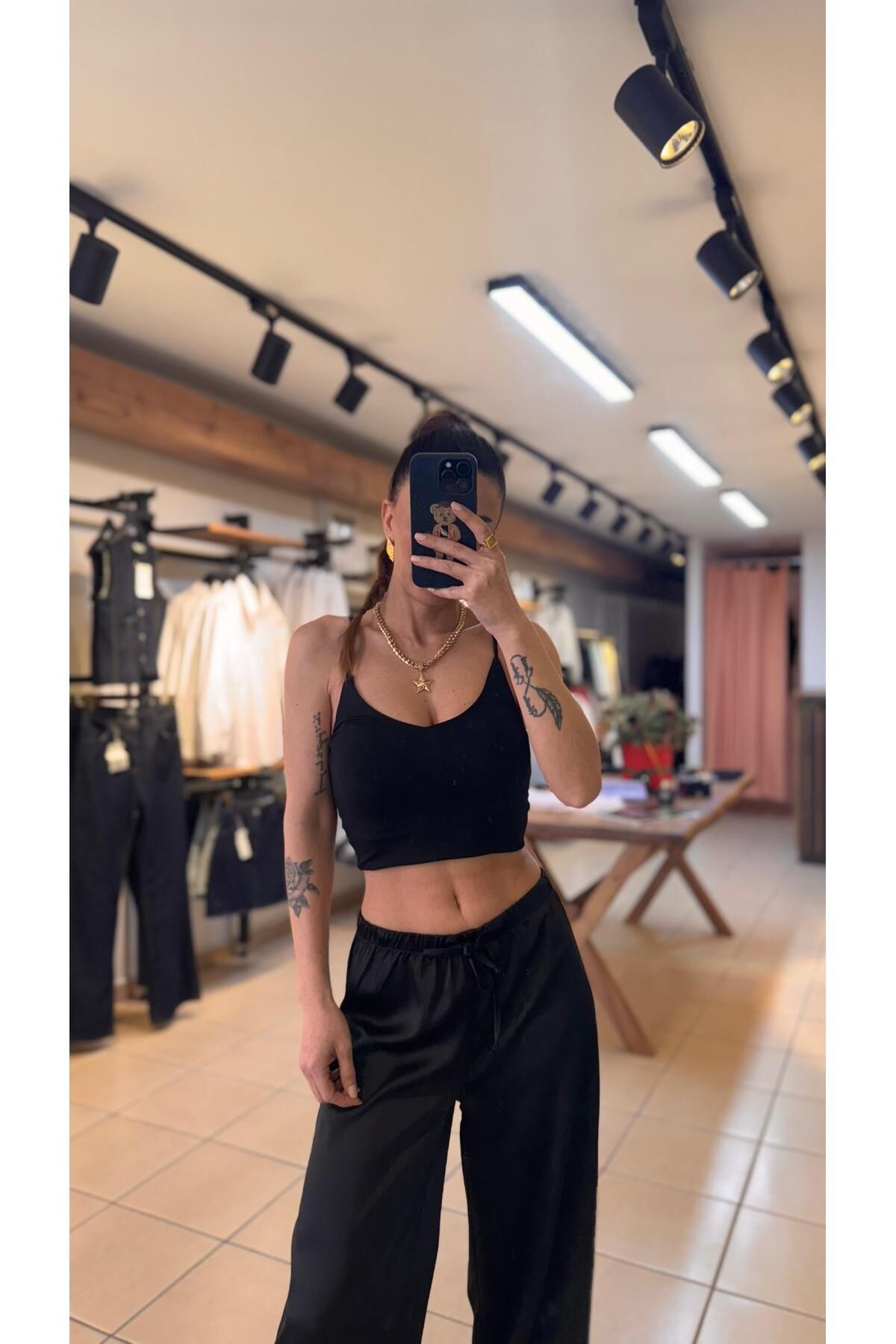 BLONDY Siyah Yüksek Bel Saten Pantolon