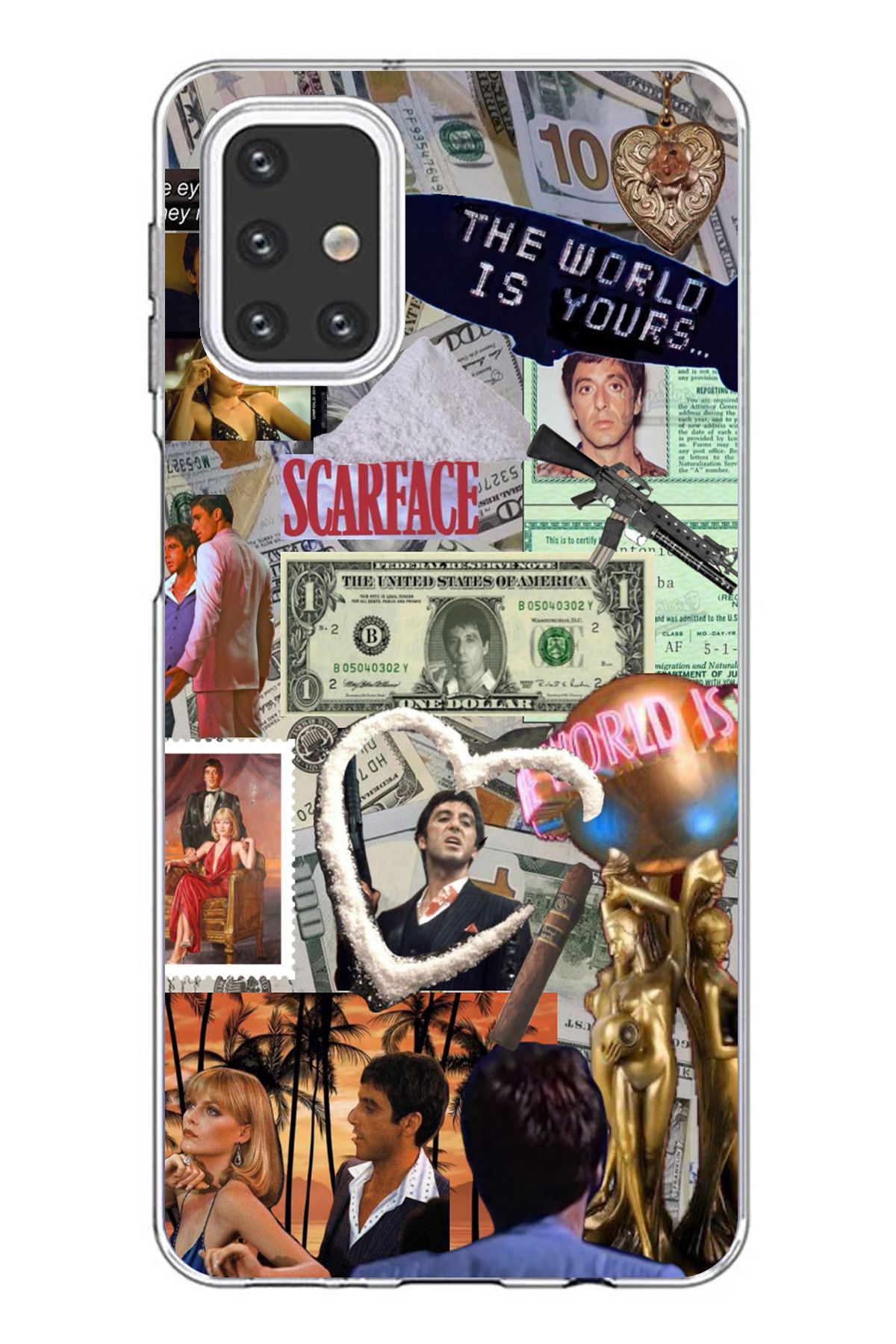 TechTree Samsung Galaxy M31S Uyumlu Scarface Kolaj Tasarımlı Şeffaf Silikon Kılıf