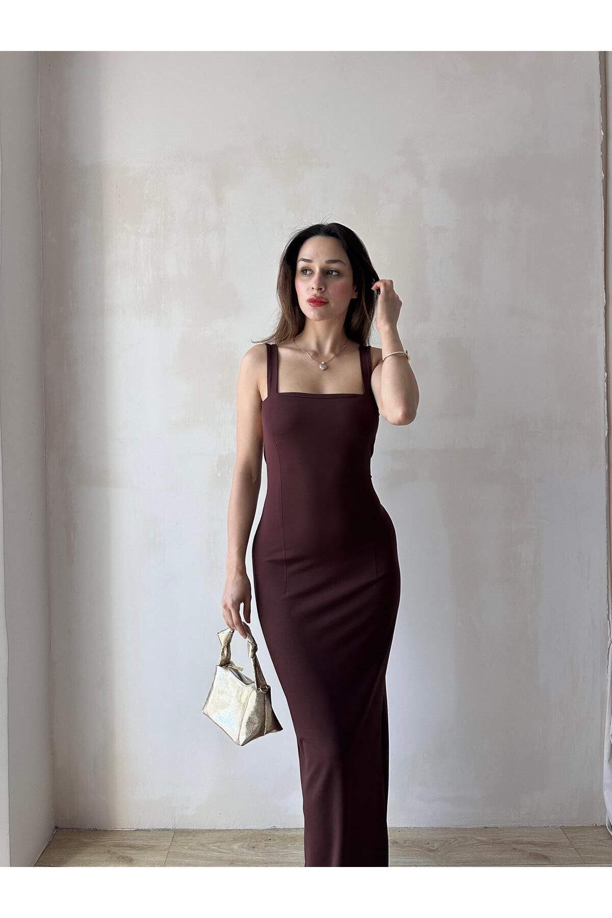 Mooi Butik LOVELACE Maxi Elbise 3922 - Acı Kahve