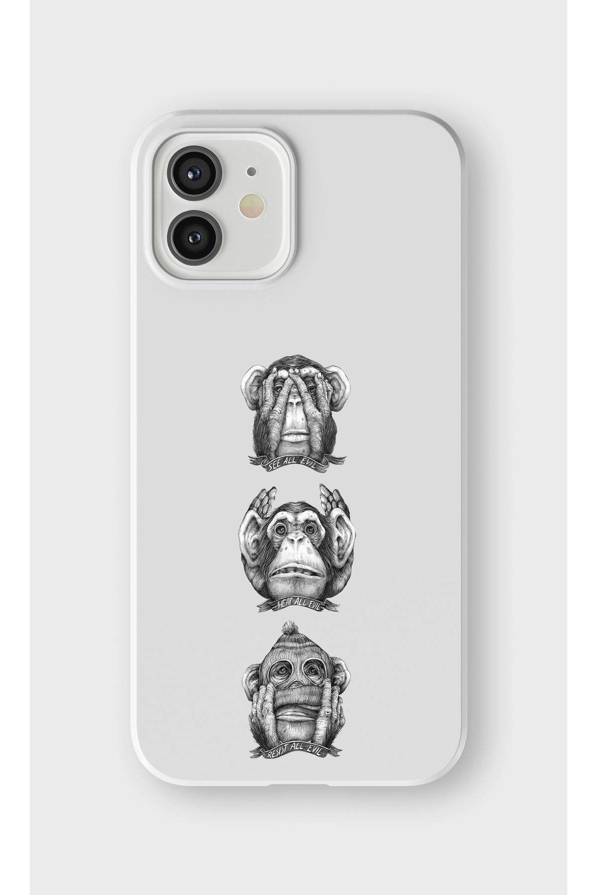 lelia iPhone 12 Uyumlu 3 Maymun Tasarımlı İçi Kadife Lansman Beyaz Silikon Kılıf