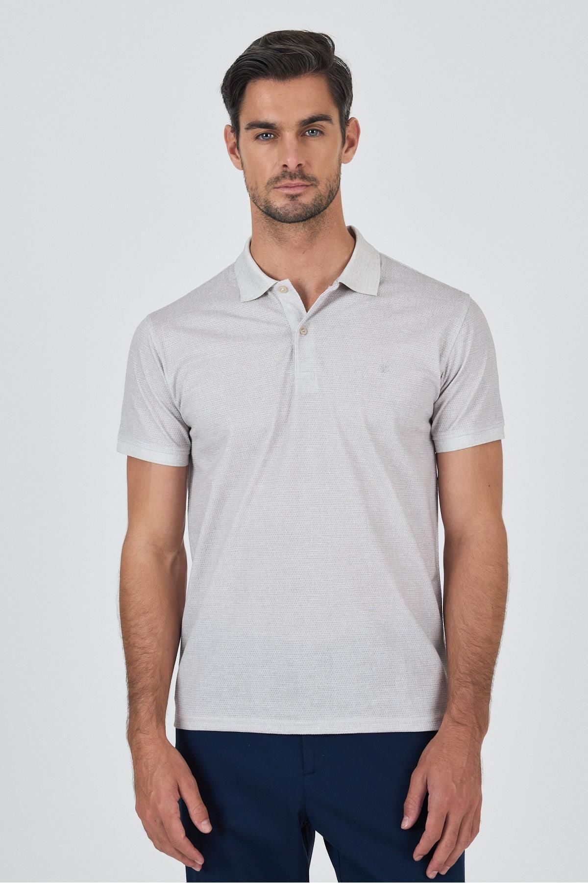 İmza Açık Bej Kısa Kol Baskılı Pike Polo Yaka Cepsiz esnek Casual Slim Fit Tişört 1011250153