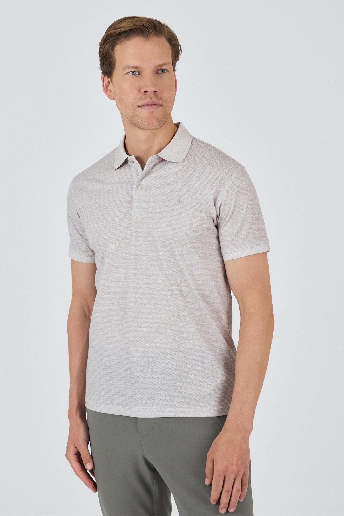 İmza Bej Kısa Kol Baskılı Pike Polo Yaka Cepsiz esnek Casual Slim Fit Tişört 1011250153