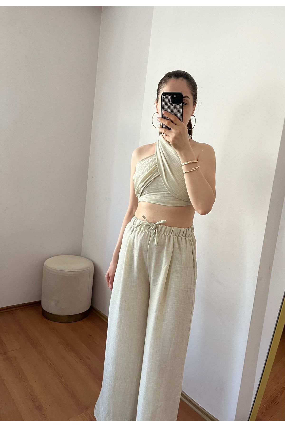 Meros Atelier Kadın Açık Bej Boyundan Bağlamalı Yazlık Keten Takım