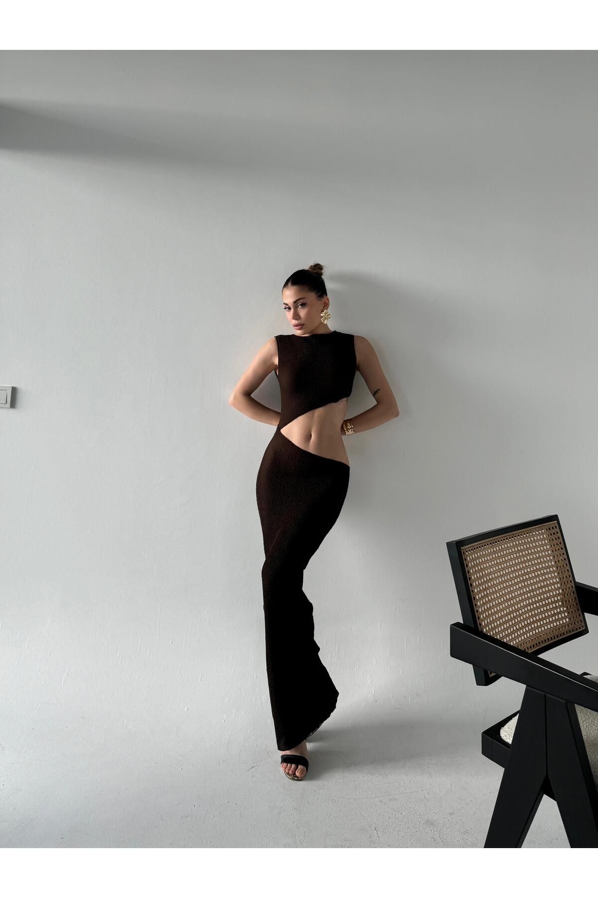 FMN Collection asimetrik kesim beli açık midi boy sıfır kollu tasarım muadil pinterest rahat kumaş elbise