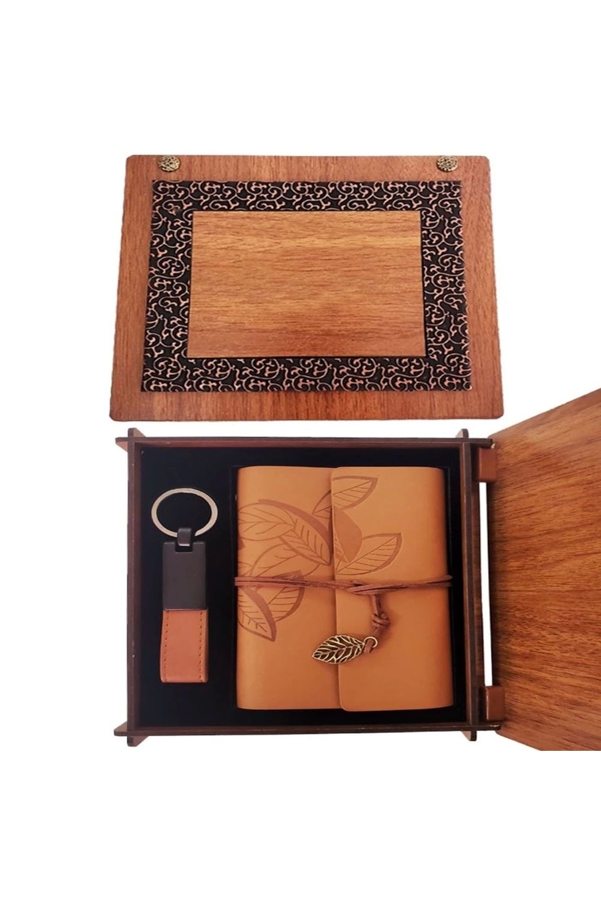 PRATİKOBA Ahşap Kutulu Taba Renk Deri Defter Anahtarlık Set
