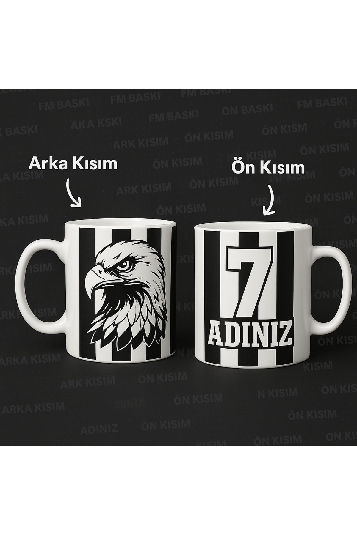 FM BASKI Siyah Beyaz temalı kişiye özel kupa bardağa isim yazdırma
