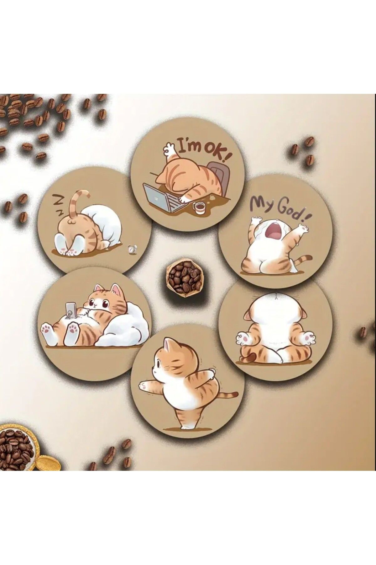 esdekor 6 parça Sevimli Kedi Ahşap Alt Seti Isıya Dayanıklı İçecek ve Kahve Matları